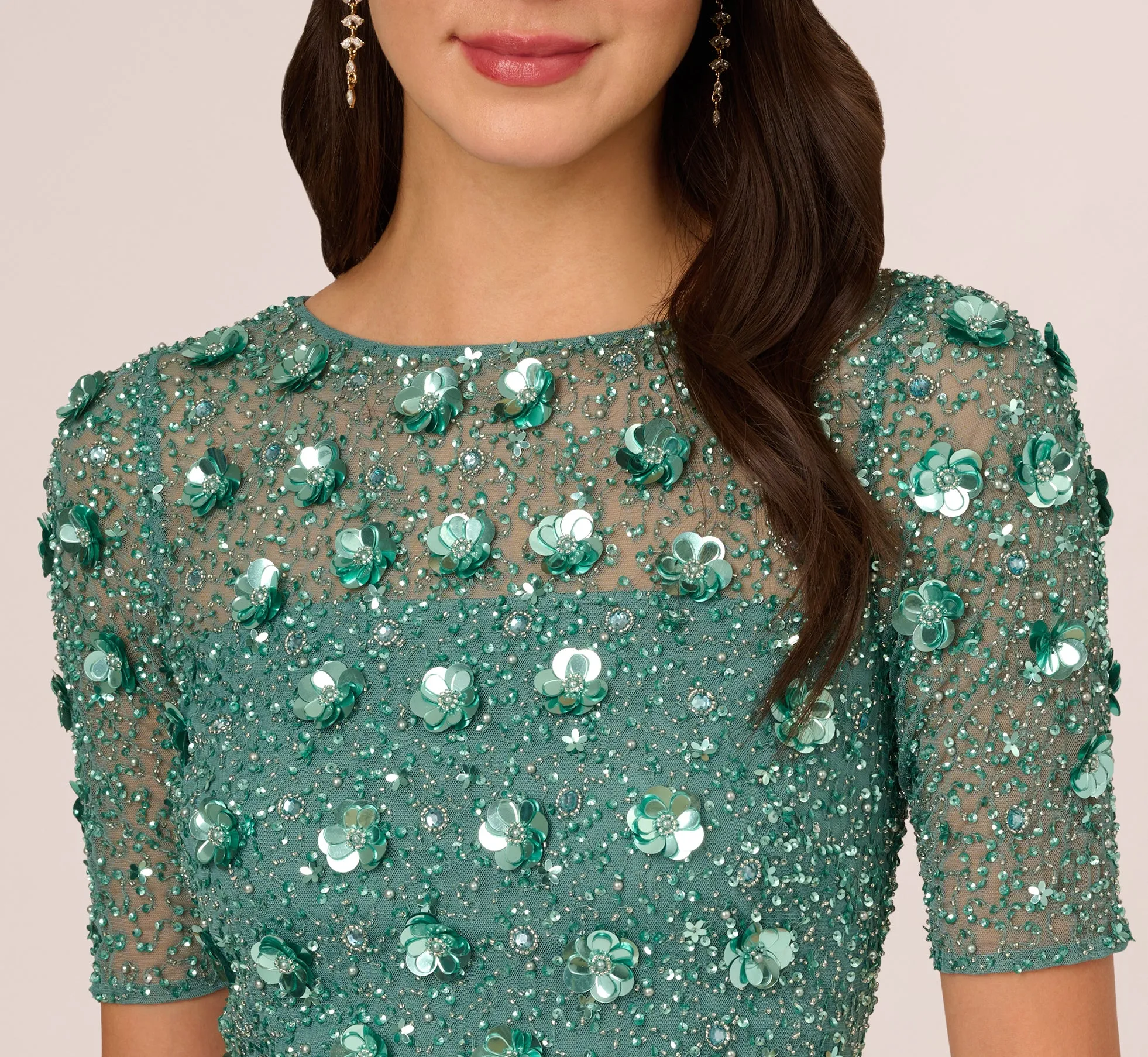 Long Hand Beaded 3D Floral Dress With Elbow Sleeves In Green Slate sold by Adrianna Papell product image thumbnail 4