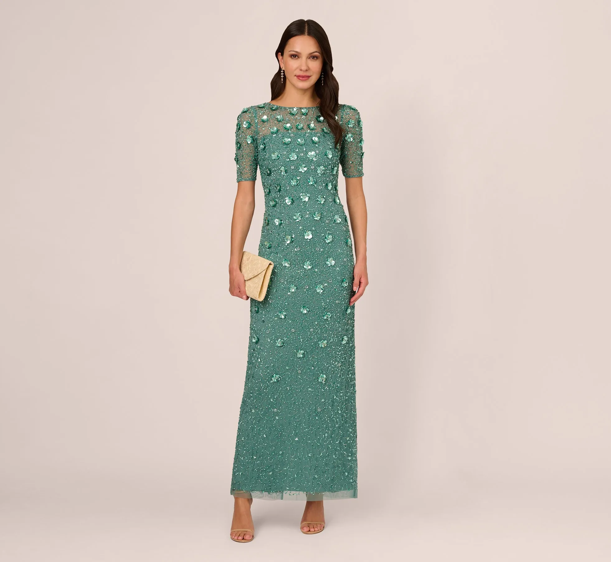 Long Hand Beaded 3D Floral Dress With Elbow Sleeves In Green Slate sold by Adrianna Papell