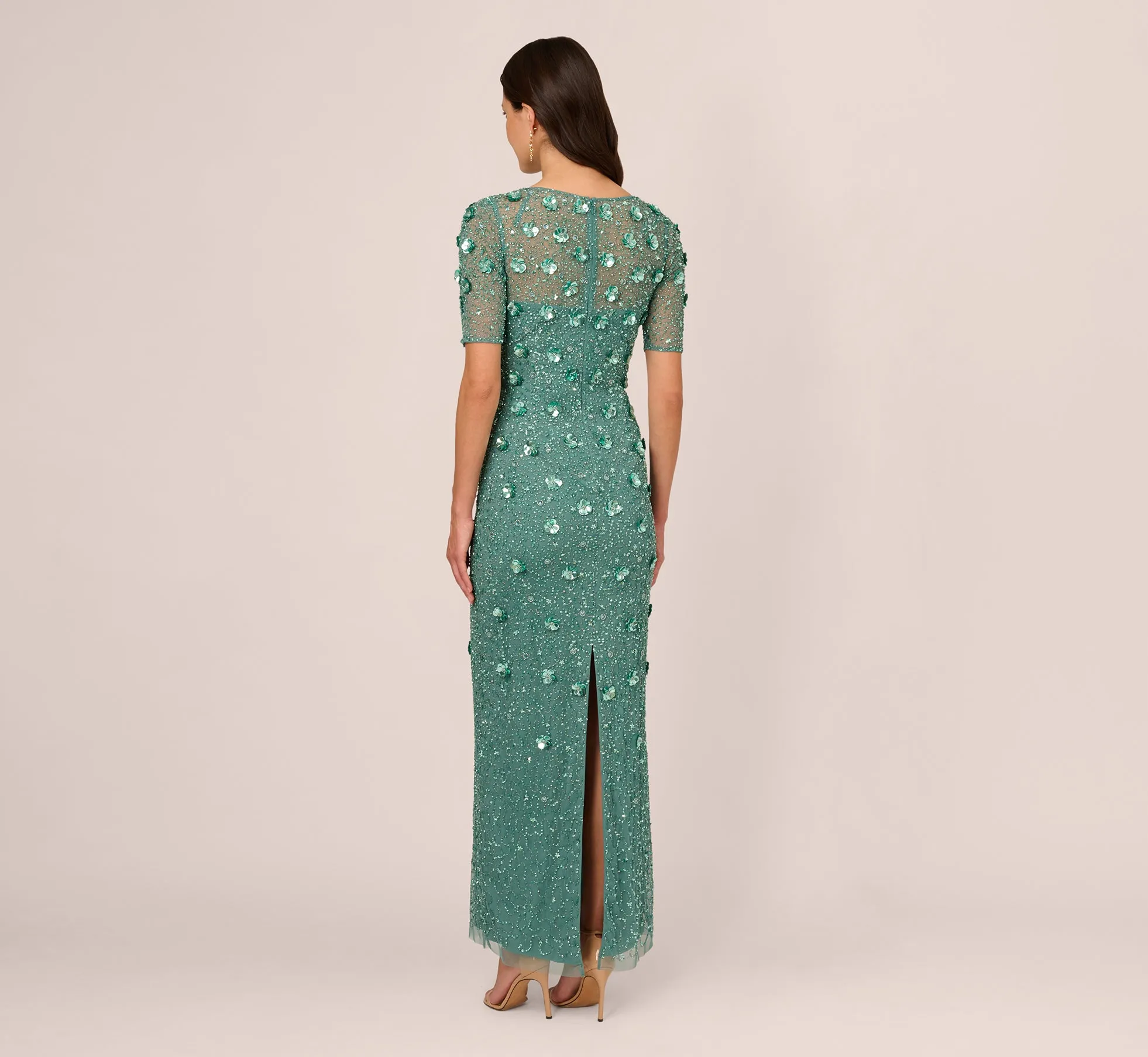 Long Hand Beaded 3D Floral Dress With Elbow Sleeves In Green Slate sold by Adrianna Papell product image thumbnail 5