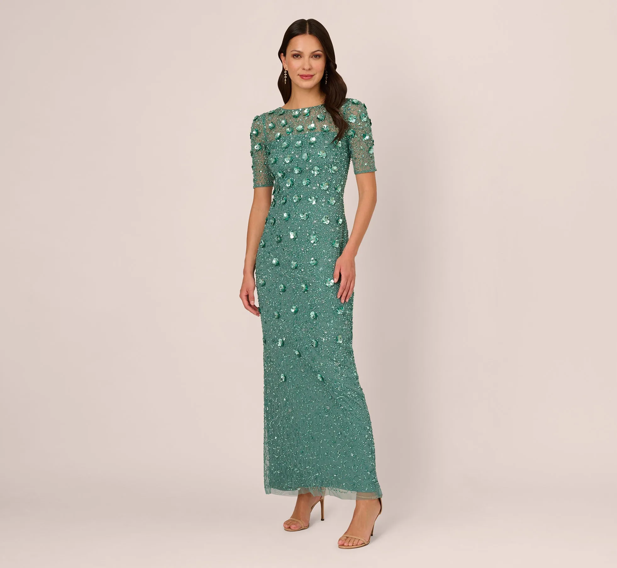 Long Hand Beaded 3D Floral Dress With Elbow Sleeves In Green Slate sold by Adrianna Papell product image thumbnail 2