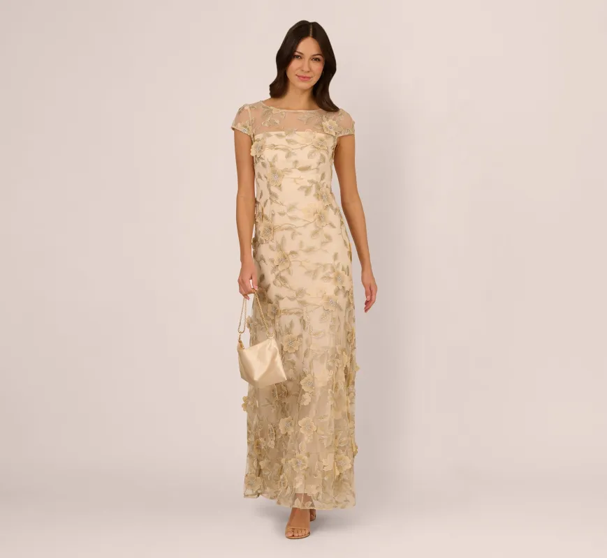 Cap Sleeve Floral Embroidered Illusion Godet Gown In Champagne sold by Adrianna Papell