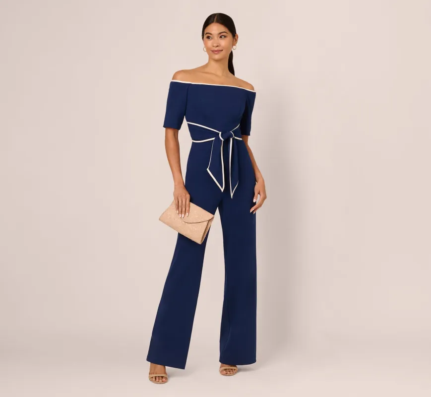 Knit Crepe Off-The-Shoulder Jumpsuit In Navy Sateen Ivory made by Adrianna Papell