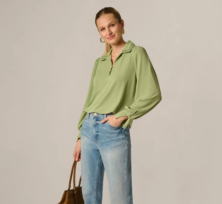 Bishop Sleeve Embroidered Blouse In Eucalyptus sold by Adrianna Papell