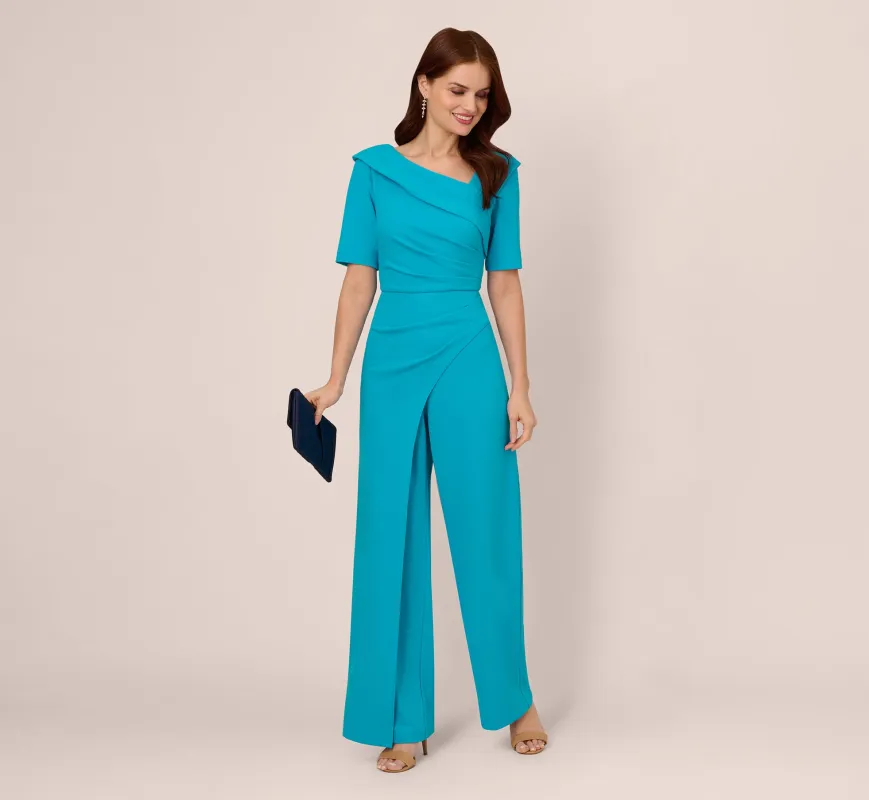 Short Sleeve Asymmetrical Wide Leg Crepe Jumpsuit In Bel Air Blue sold by Adrianna Papell