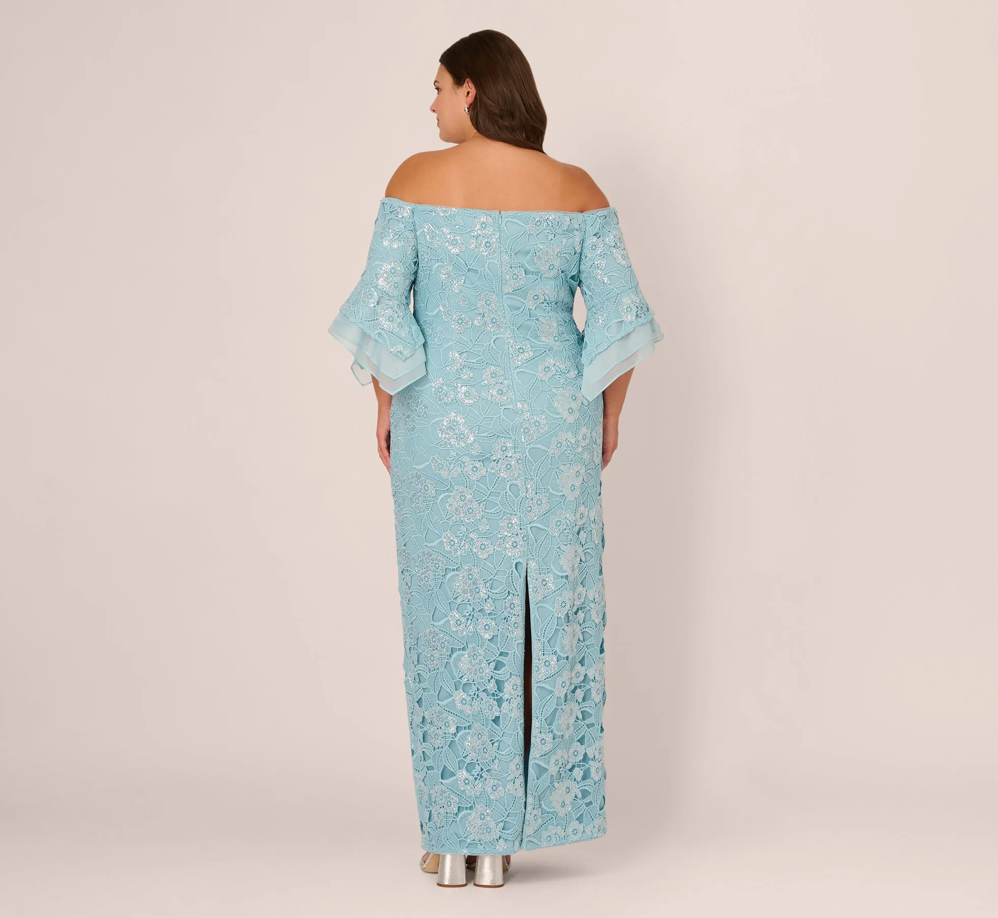 Plus Size Off Shoulder Bell Sleeve Sequin Lace Gown In Airy Aqua sold by Adrianna Papell product image thumbnail 5