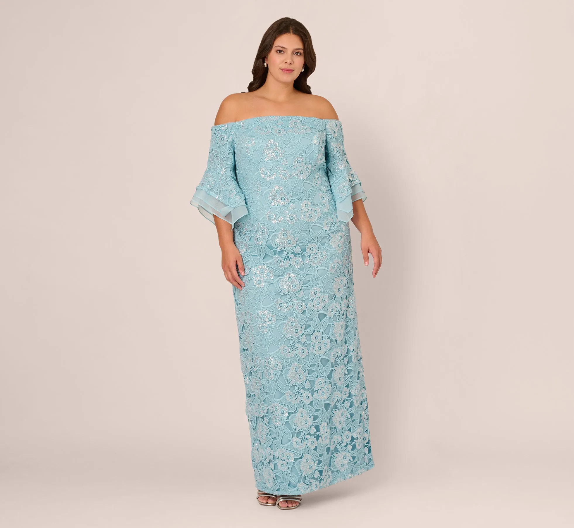 Plus Size Off Shoulder Bell Sleeve Sequin Lace Gown In Airy Aqua sold by Adrianna Papell product image thumbnail 2