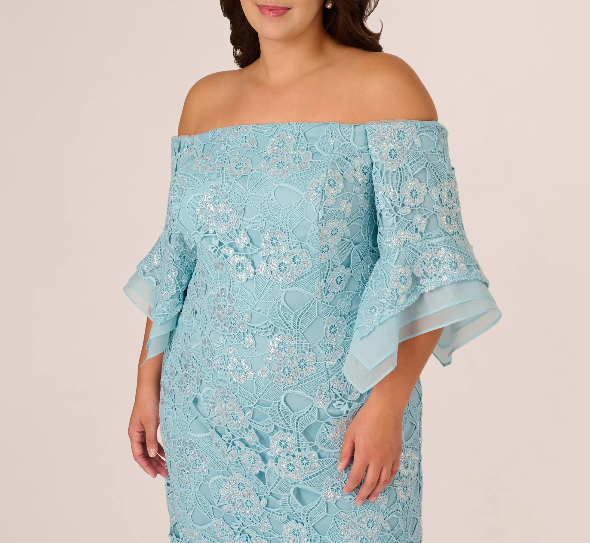 Plus Size Off Shoulder Bell Sleeve Sequin Lace Gown In Airy Aqua sold by Adrianna Papell product image thumbnail 3