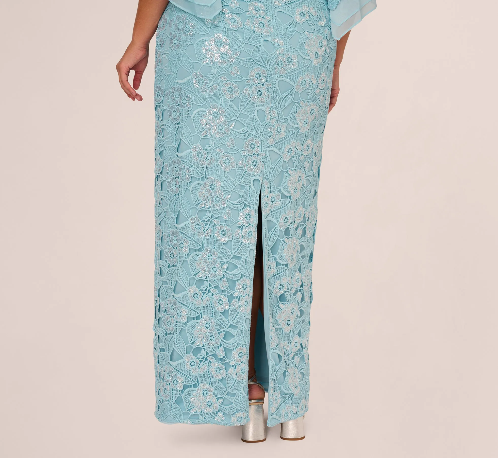Plus Size Off Shoulder Bell Sleeve Sequin Lace Gown In Airy Aqua sold by Adrianna Papell product image thumbnail 4