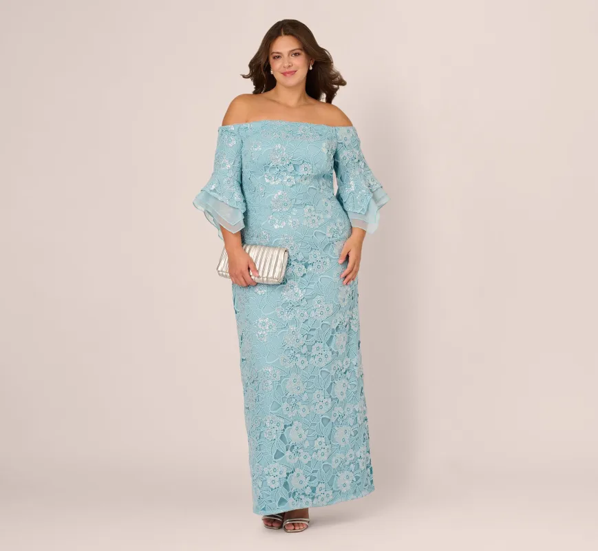 Plus Size Off Shoulder Bell Sleeve Sequin Lace Gown In Airy Aqua sold by Adrianna Papell