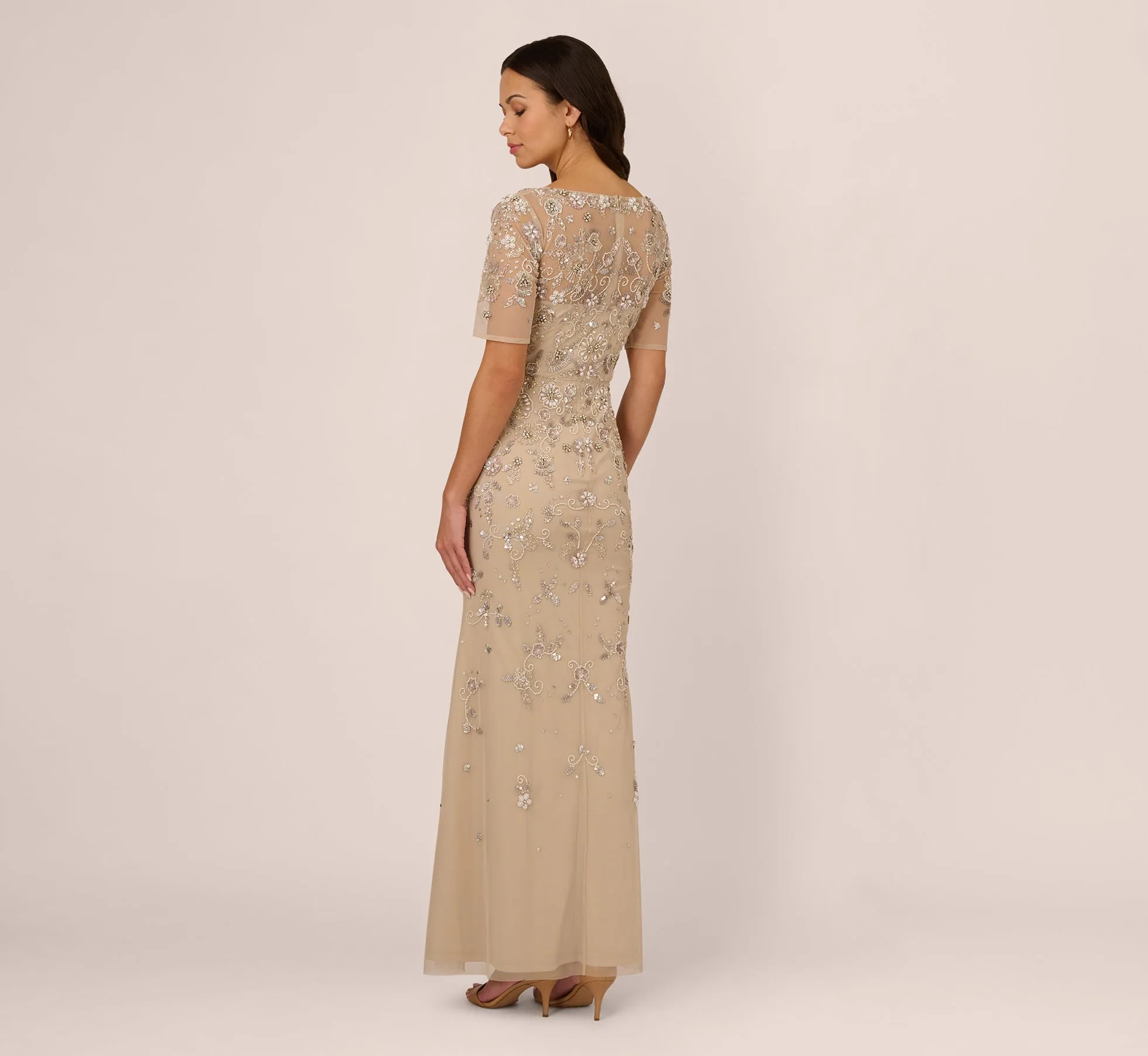 3D Floral Beaded Mermaid Gown With Sheer Short Sleeves In Biscotti sold by Adrianna Papell product image thumbnail 5
