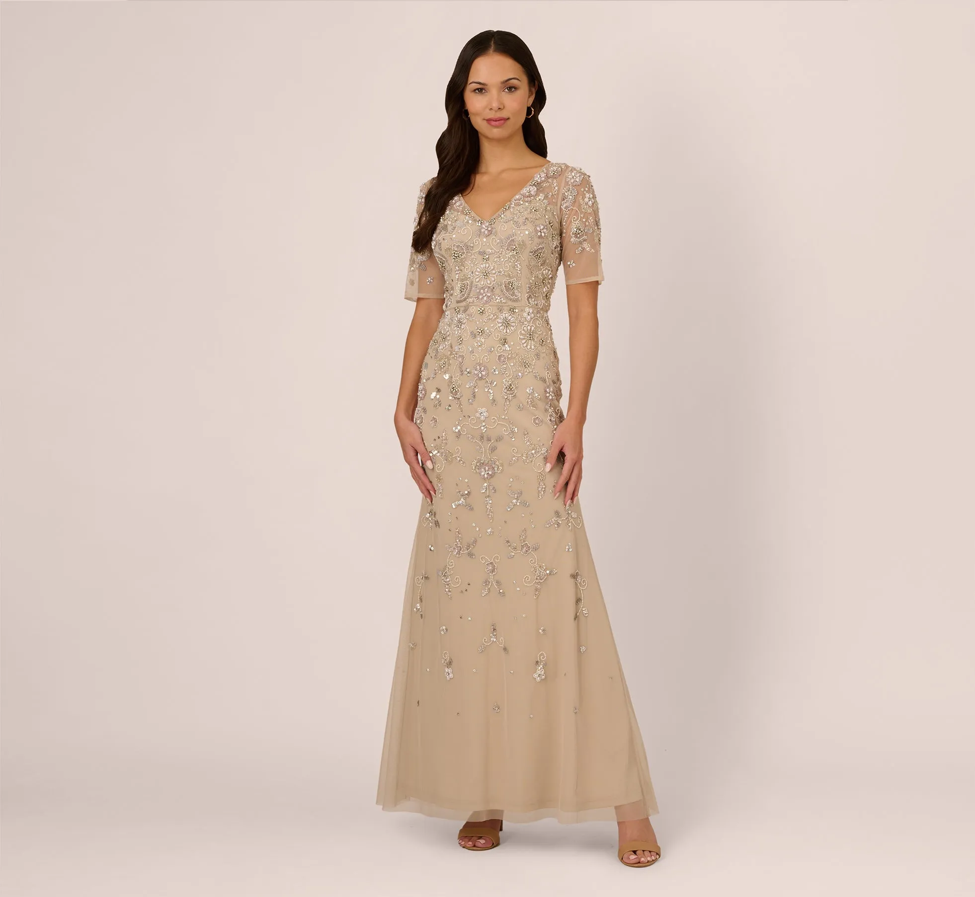 3D Floral Beaded Mermaid Gown With Sheer Short Sleeves In Biscotti sold by Adrianna Papell product image thumbnail 2