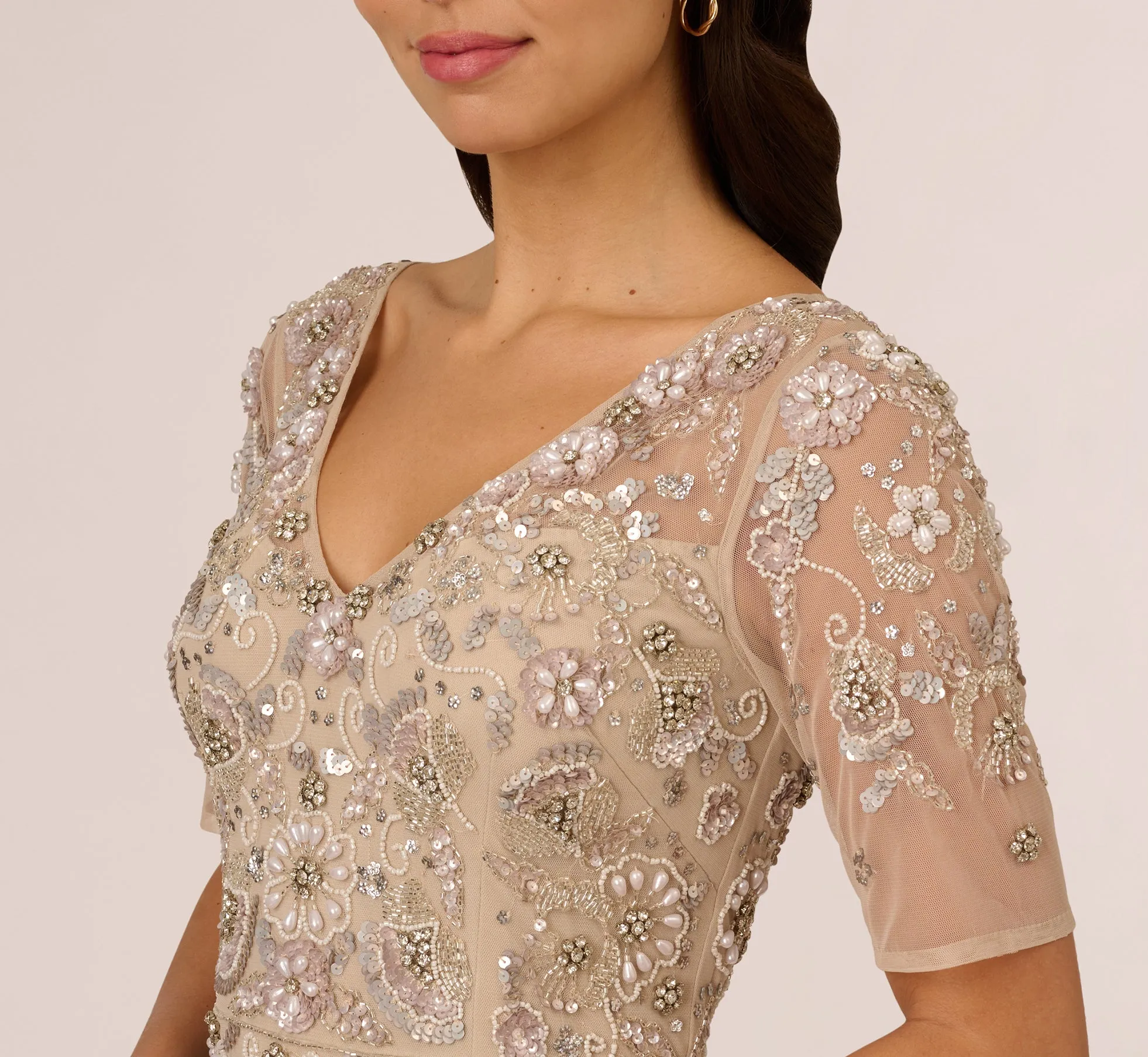 3D Floral Beaded Mermaid Gown With Sheer Short Sleeves In Biscotti sold by Adrianna Papell product image thumbnail 4