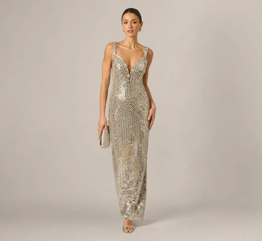 Plunge Neck Mirror Beaded Gown In Silver made by Adrianna Papell