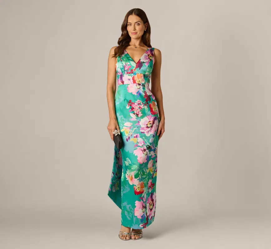 Floral Mikado Scarf Train Column Gown In Green Multi sold by Adrianna Papell