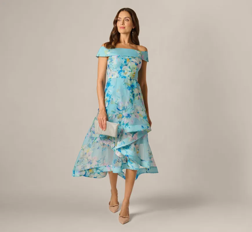 Off Shoulder Floral Organza High Low Midi Dress In Blue Multi sold by Adrianna Papell