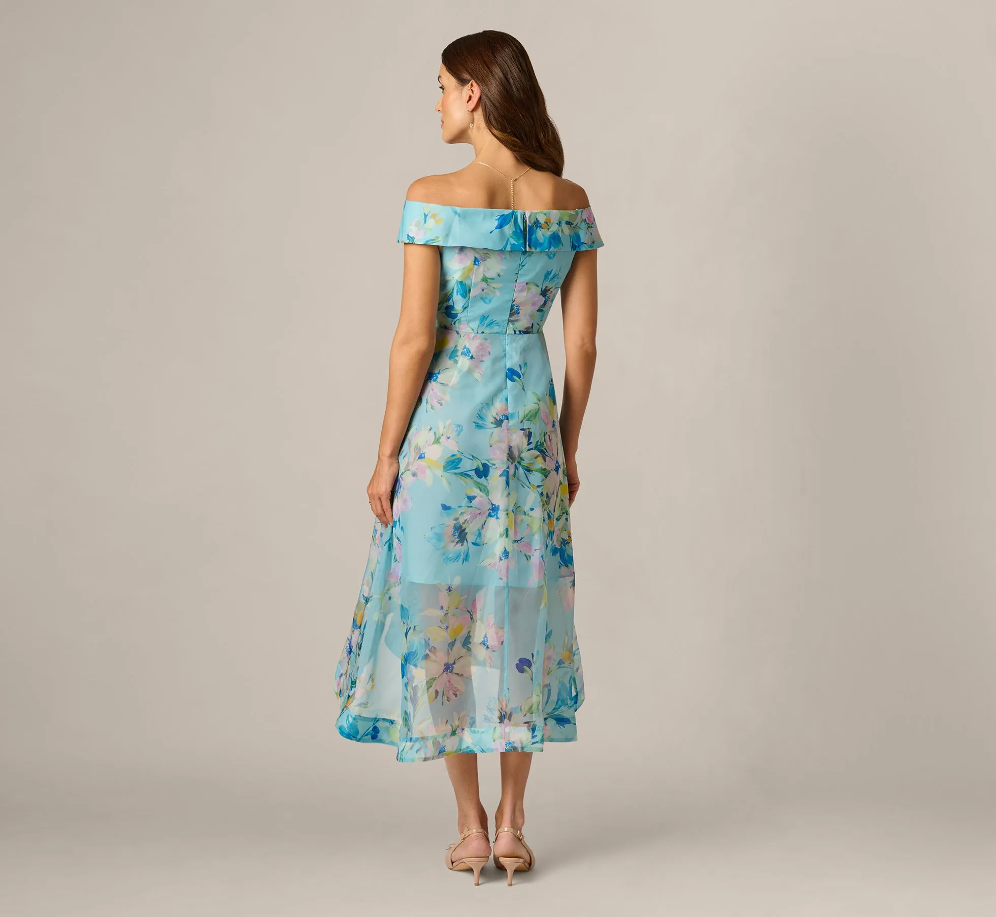 Off Shoulder Floral Organza High Low Midi Dress In Blue Multi sold by Adrianna Papell product image thumbnail 5