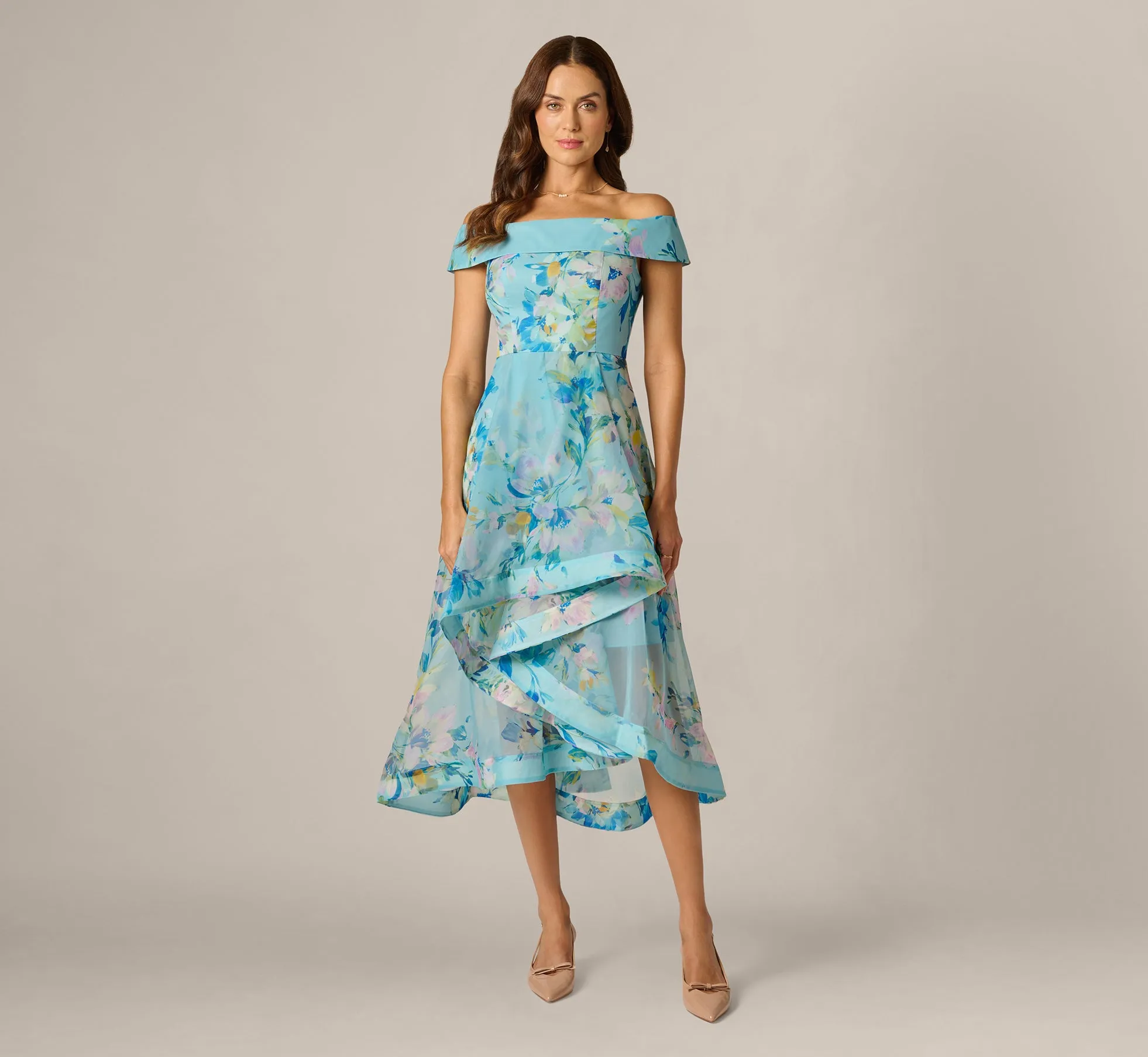 Off Shoulder Floral Organza High Low Midi Dress In Blue Multi sold by Adrianna Papell product image thumbnail 2
