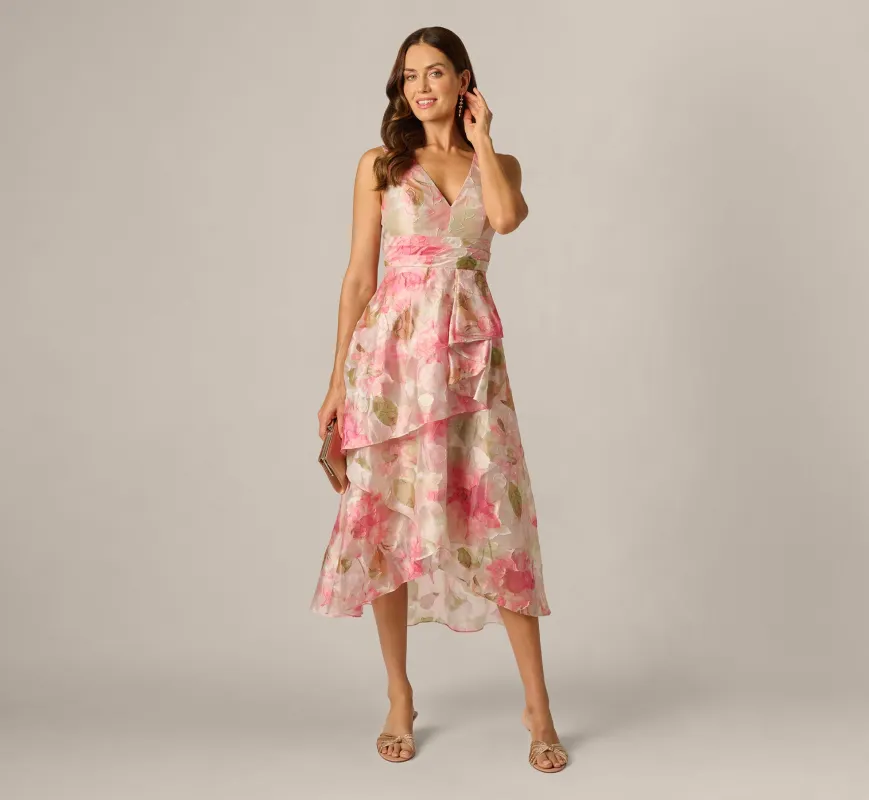 Floral Organza Cascade High Low Midi Dress In Sage Multi sold by Adrianna Papell