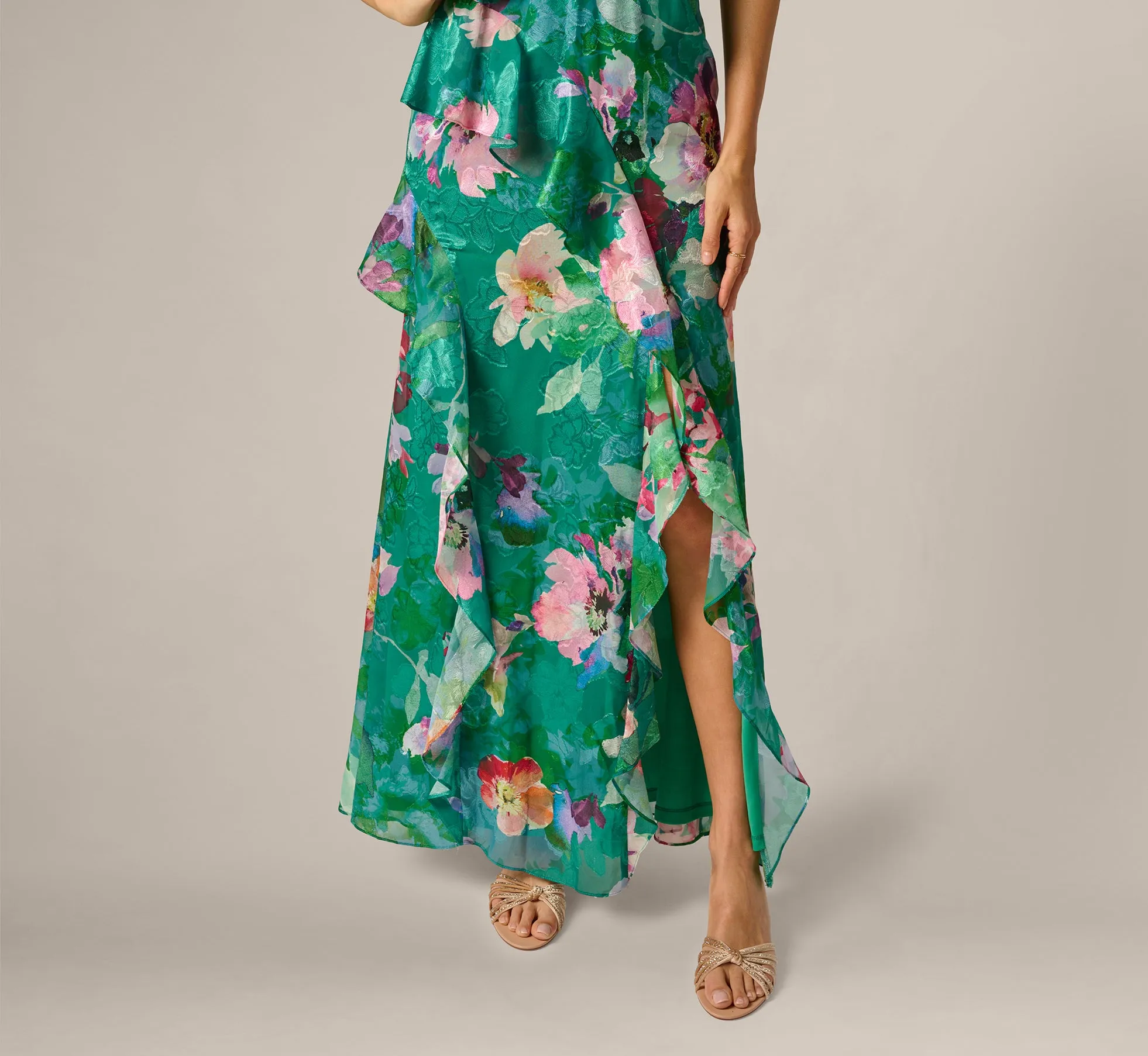 Floral Chiffon Blouson Ruffle Halter Gown In Green Multi sold by Adrianna Papell product image thumbnail 4
