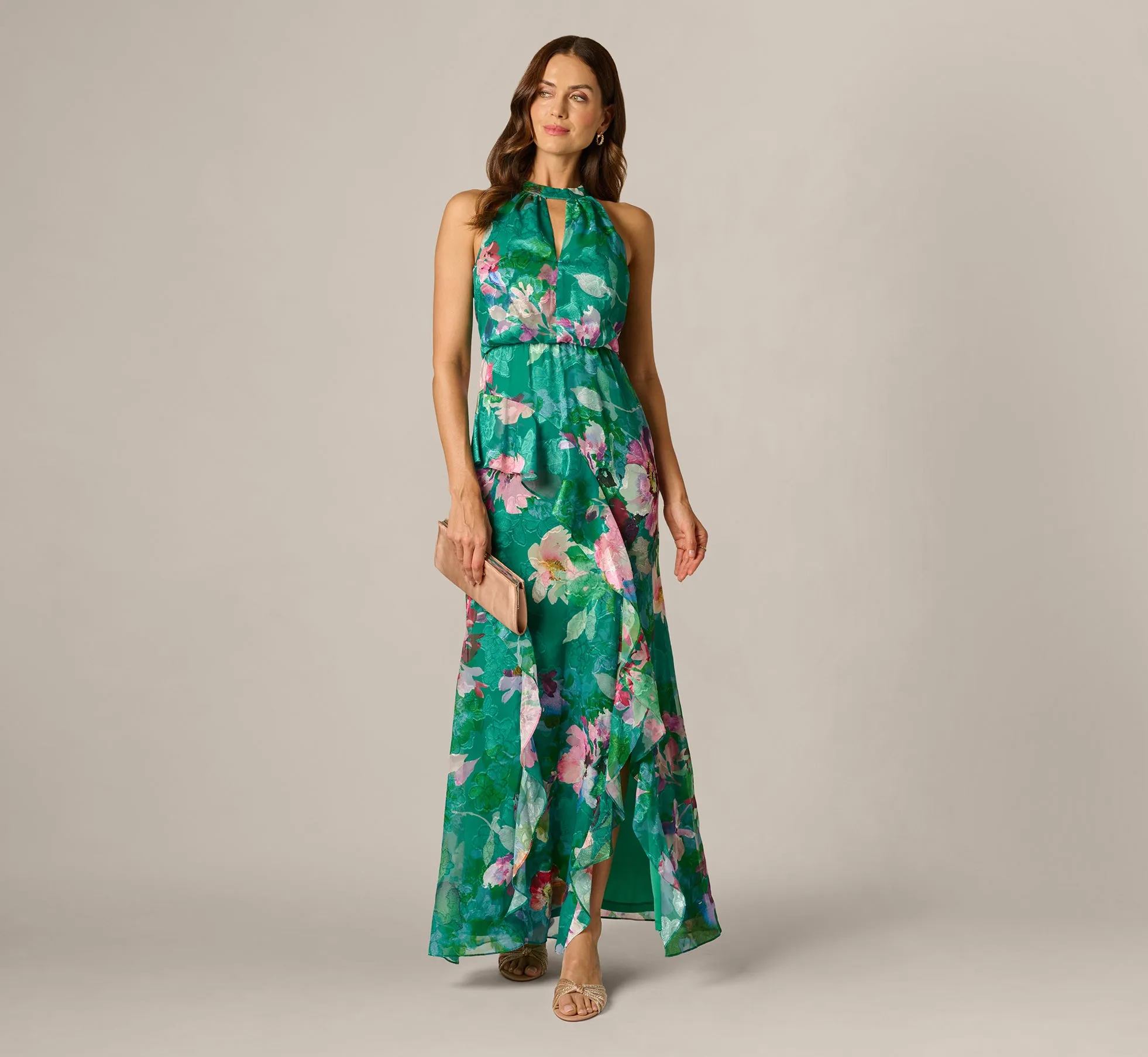 Floral Chiffon Blouson Ruffle Halter Gown In Green Multi sold by Adrianna Papell