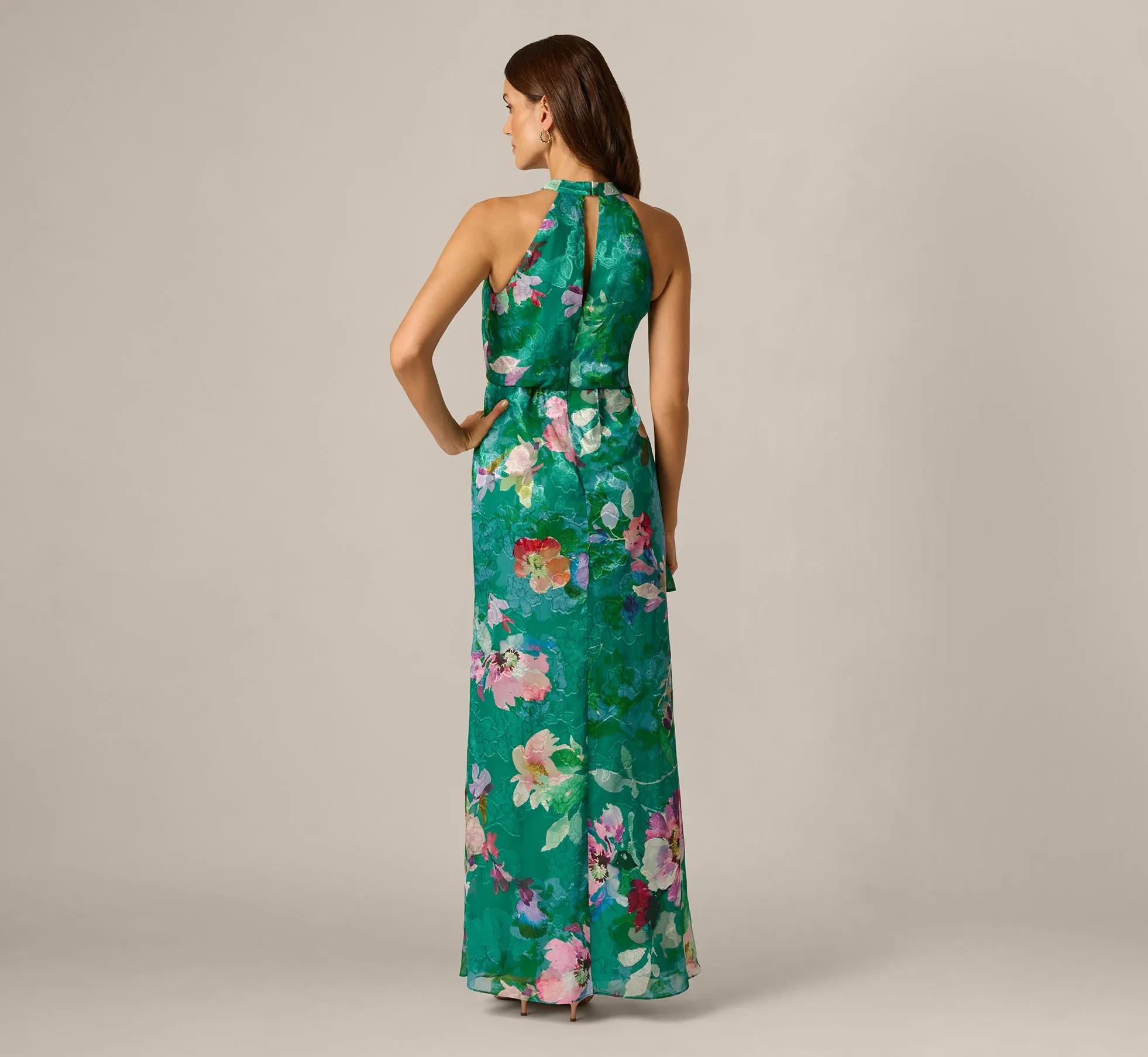 Floral Chiffon Blouson Ruffle Halter Gown In Green Multi sold by Adrianna Papell product image thumbnail 5
