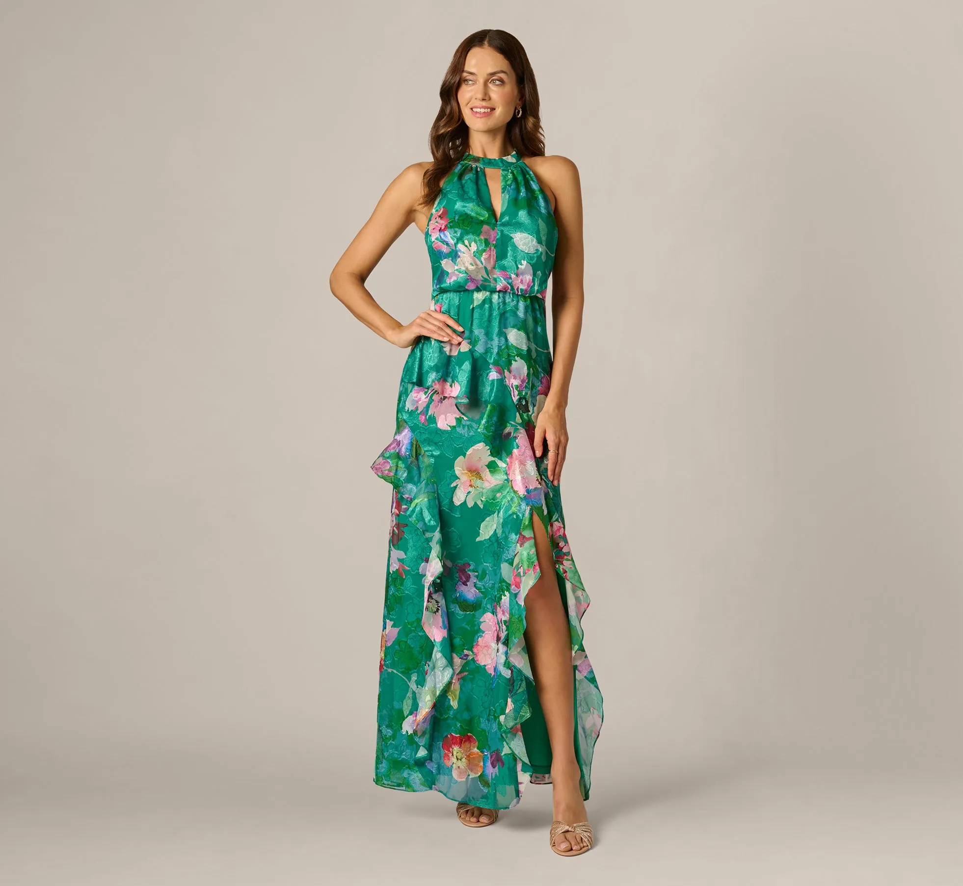 Floral Chiffon Blouson Ruffle Halter Gown In Green Multi sold by Adrianna Papell product image thumbnail 2