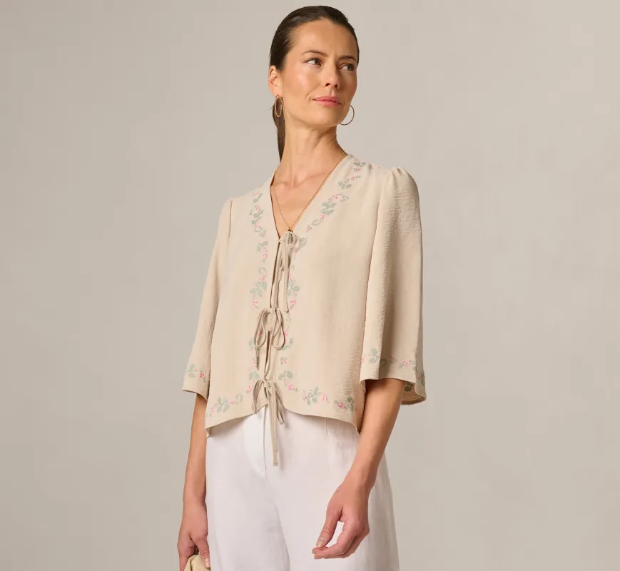 Bell Sleeve Floral Embroidered Tie Front Top In Pebble sold by Adrianna Papell