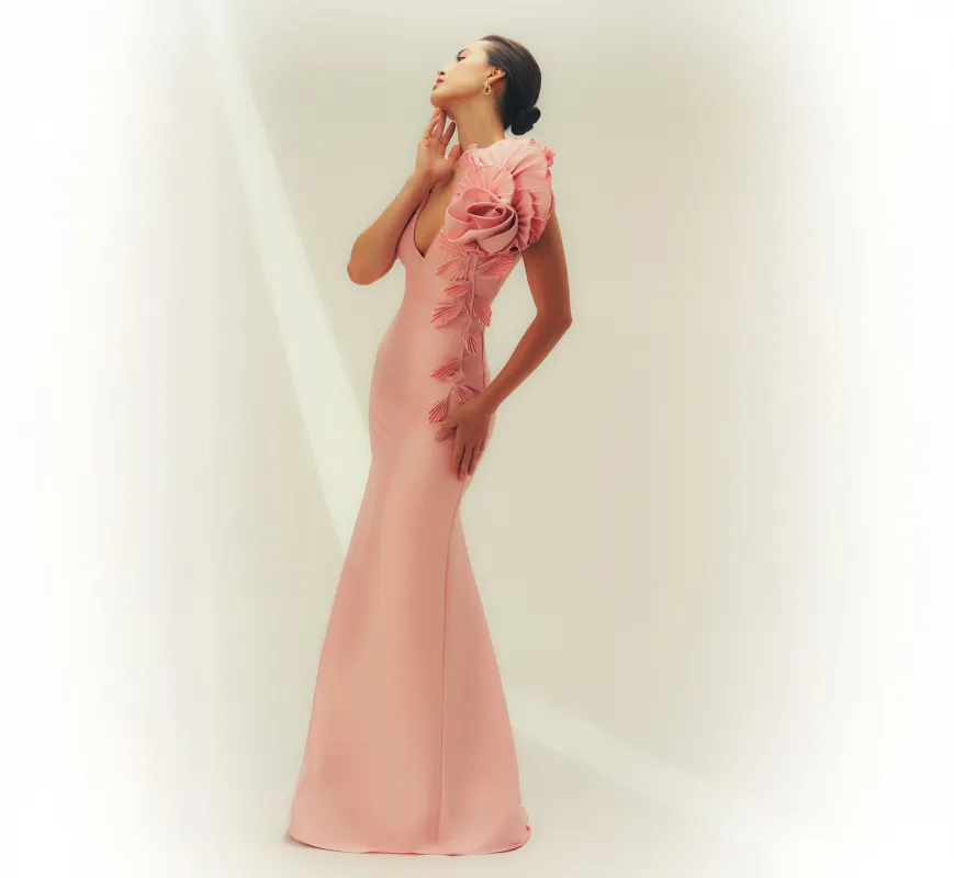 Stretch Mikado Rosette Shoulder Gown In Pink Cloud sold by Adrianna Papell