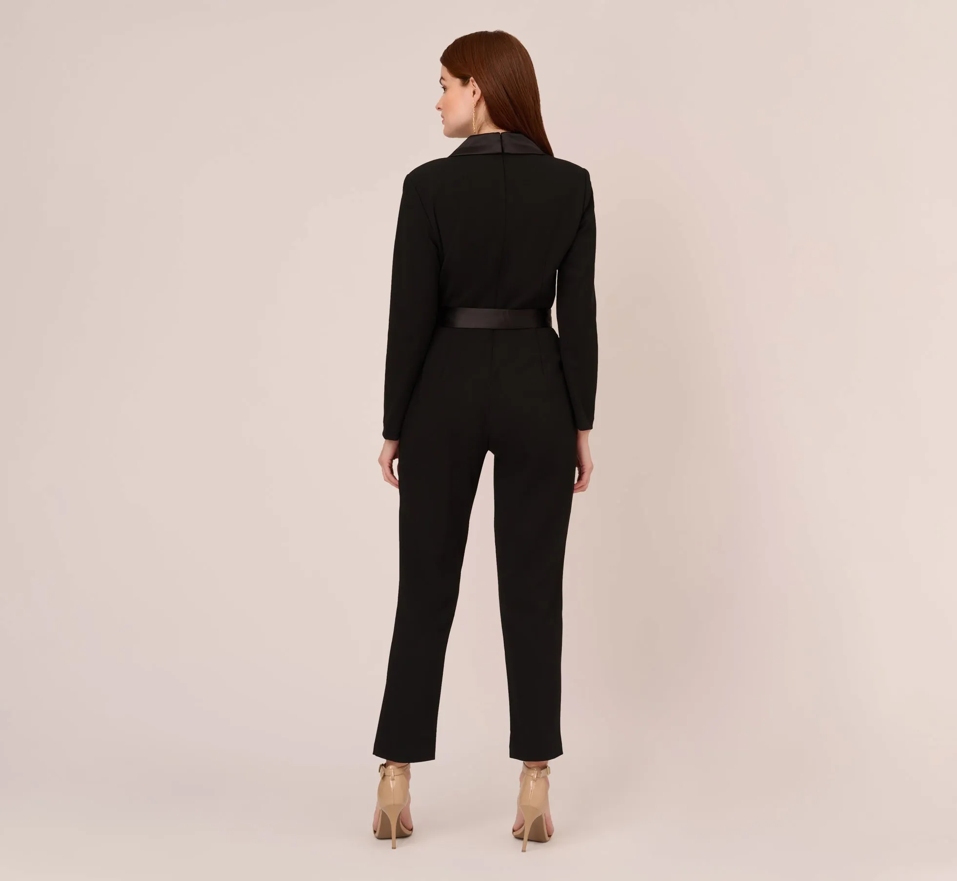 Long Sleeve Crepe Jumpsuit With Tuxedo Collar In Black sold by Adrianna Papell product image thumbnail 5