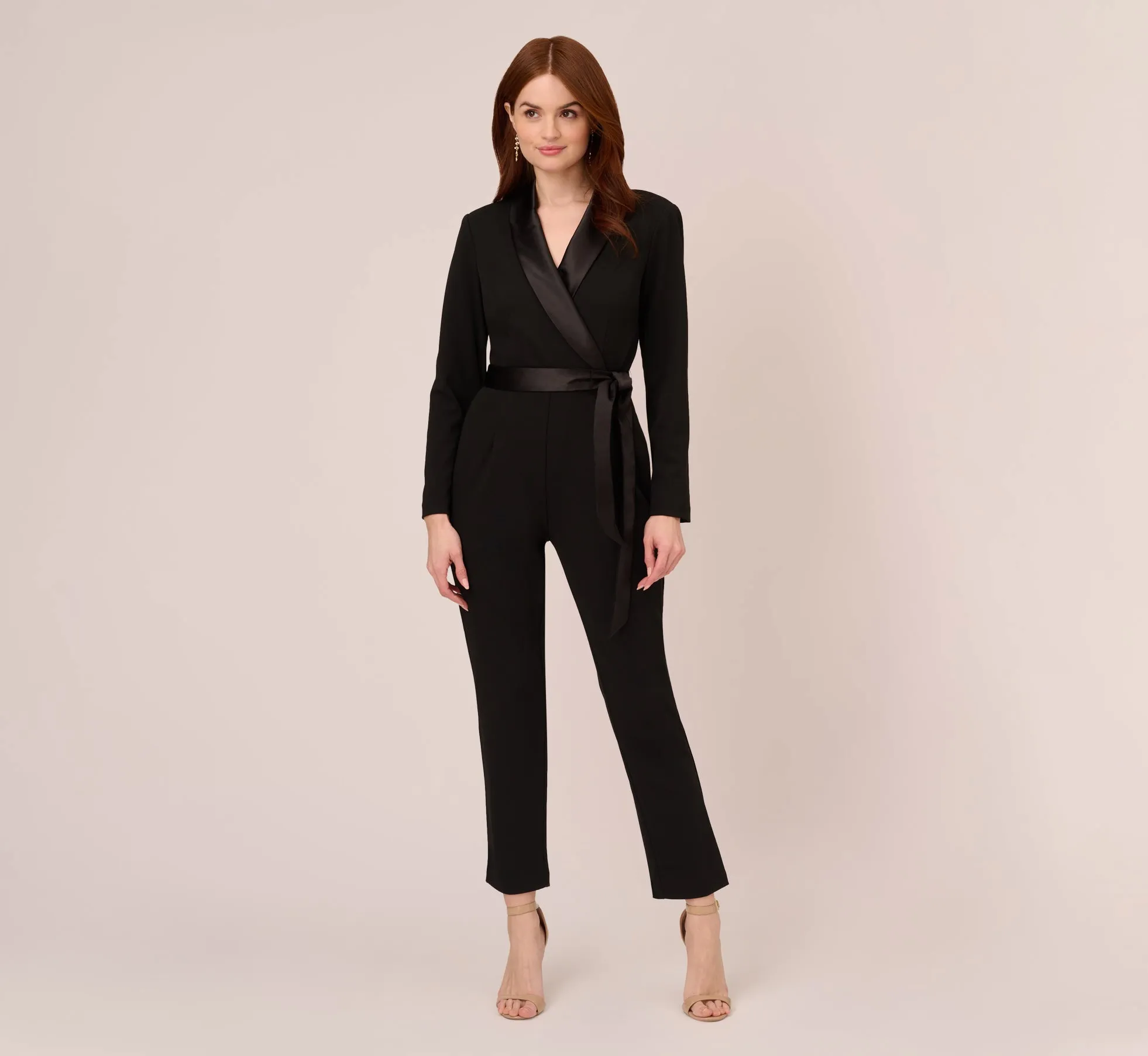 Long Sleeve Crepe Jumpsuit With Tuxedo Collar In Black sold by Adrianna Papell product image thumbnail 2