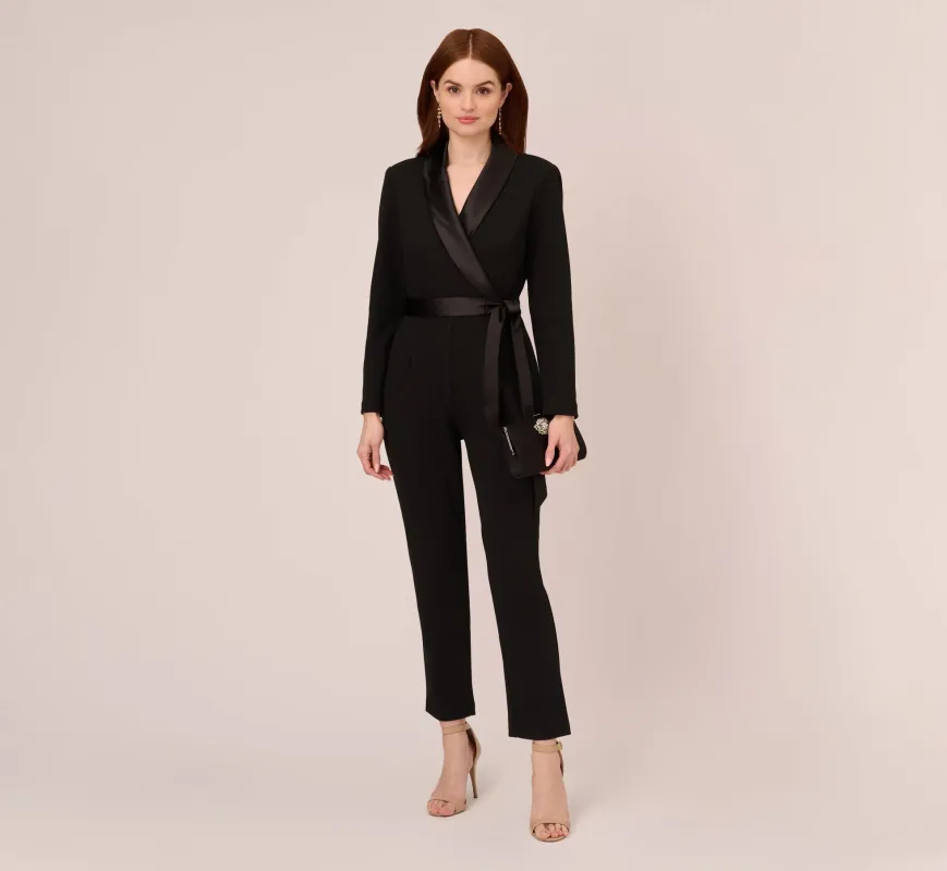 Long Sleeve Crepe Jumpsuit With Tuxedo Collar In Black made by Adrianna Papell