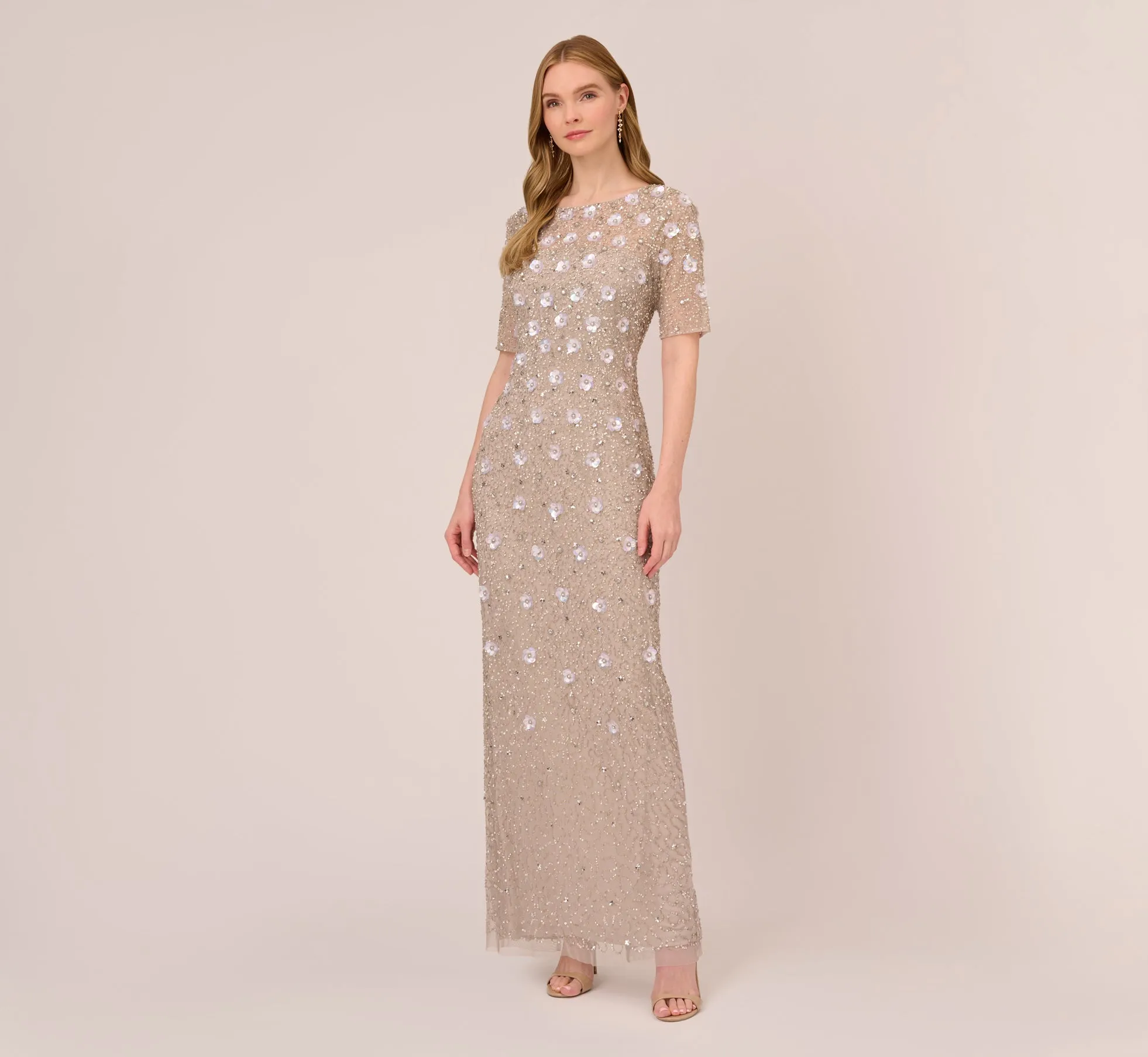 Long Hand Beaded 3D Floral Dress With Elbow Sleeves In Marble sold by Adrianna Papell product image thumbnail 2