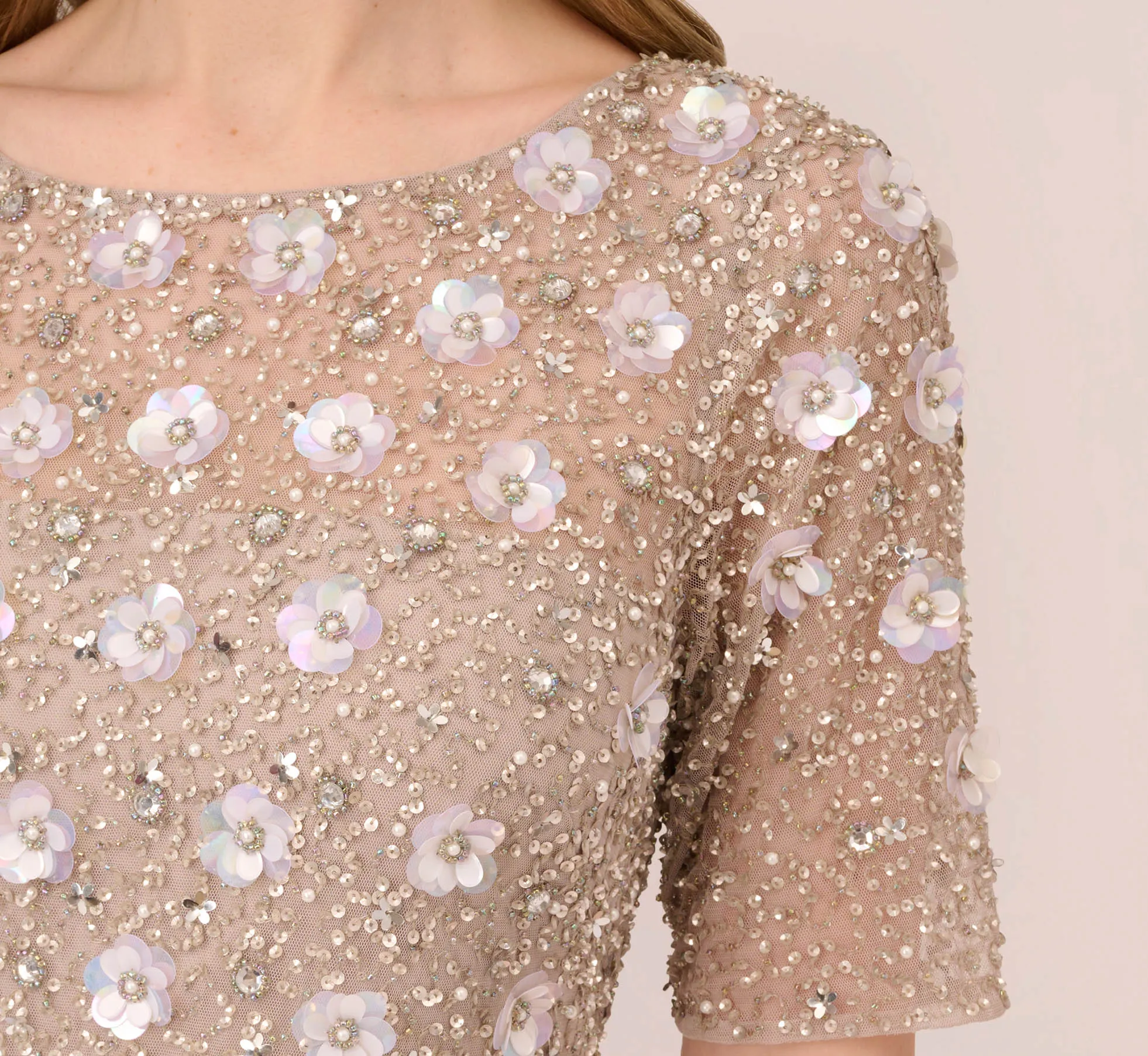 Long Hand Beaded 3D Floral Dress With Elbow Sleeves In Marble sold by Adrianna Papell product image thumbnail 3