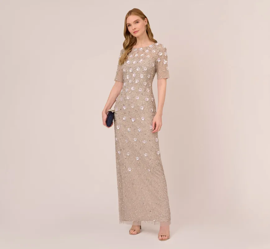 Long Hand Beaded 3D Floral Dress With Elbow Sleeves In Marble sold by Adrianna Papell
