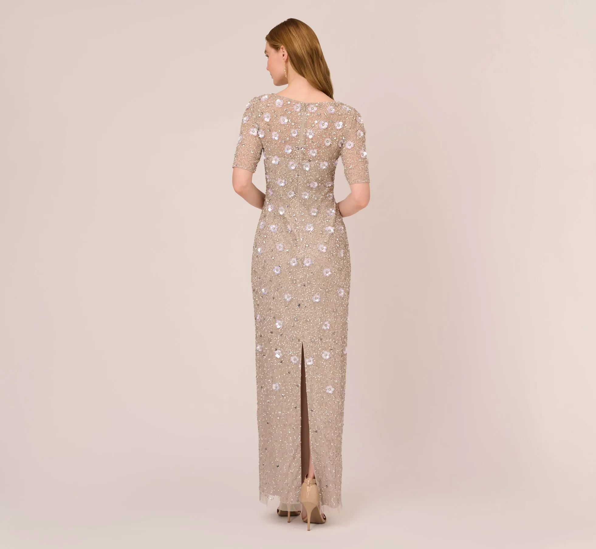 Long Hand Beaded 3D Floral Dress With Elbow Sleeves In Marble sold by Adrianna Papell product image thumbnail 5