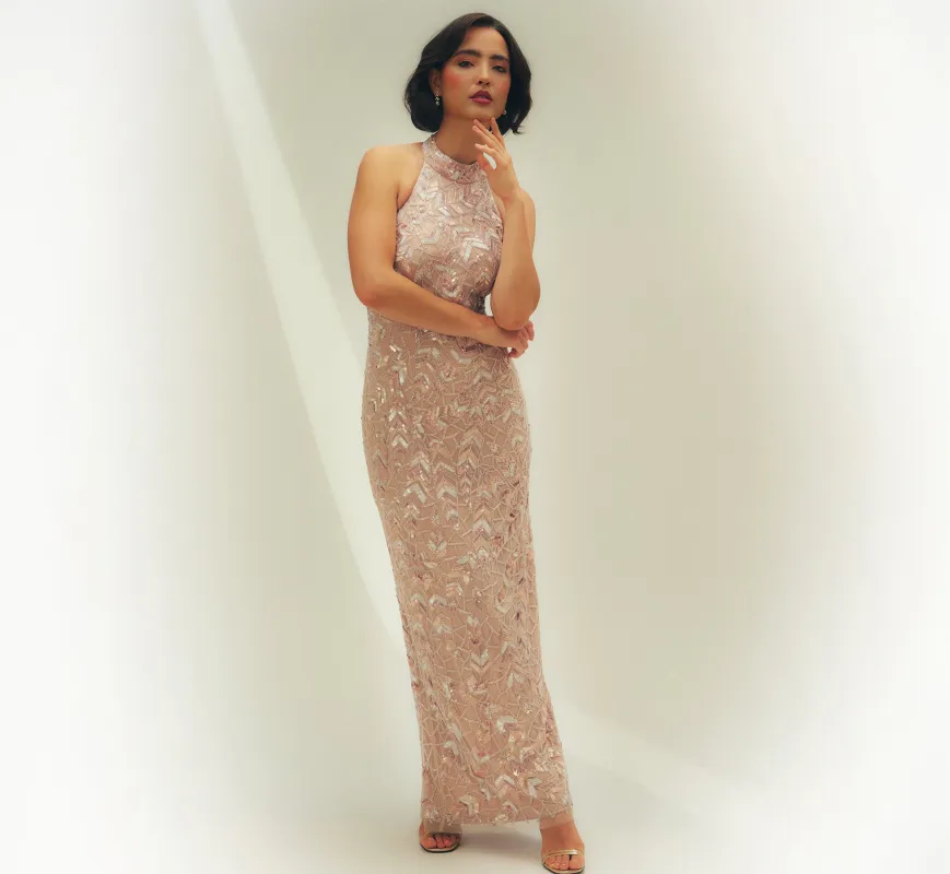 Sequin Beaded Leaf Halter Gown In Rose Quartz sold by Adrianna Papell