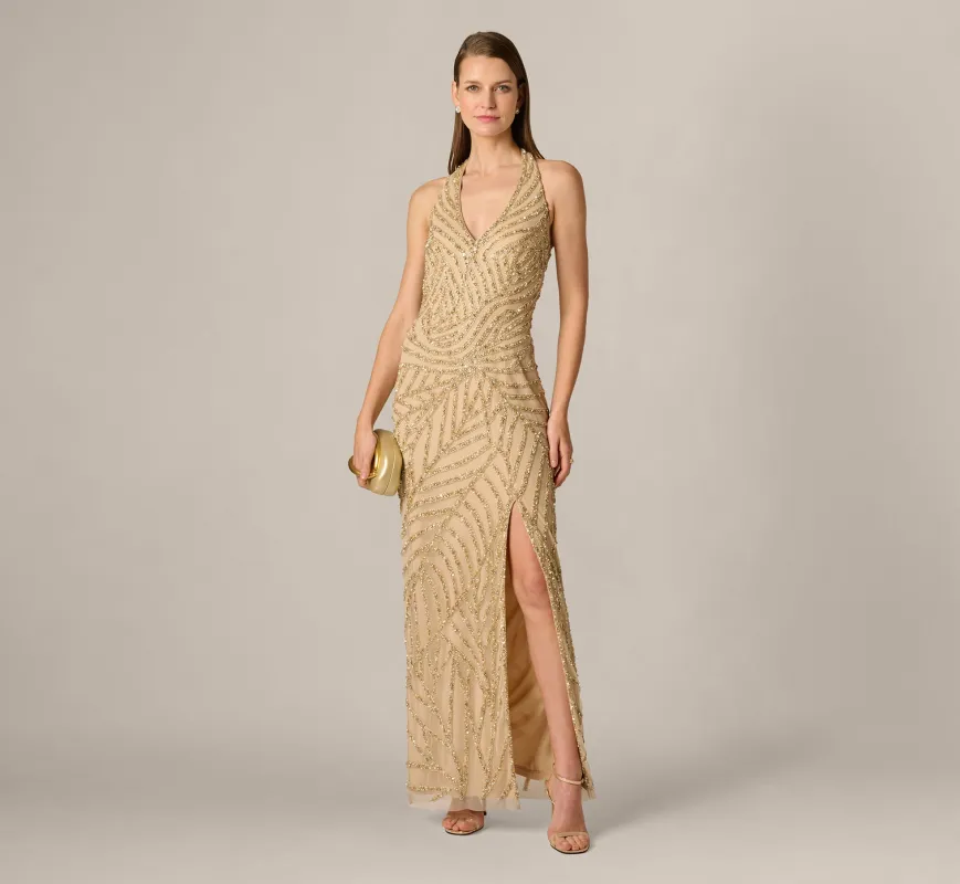Sunburst Art Deco Beaded Halter Gown In Gold made by Aidan Mattox
