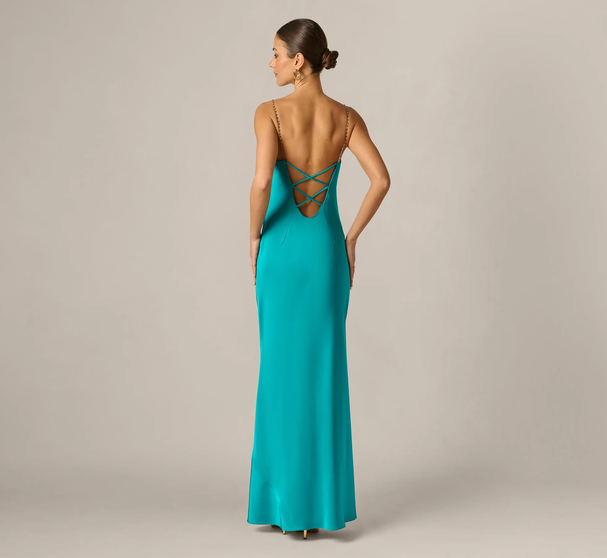 Stretch Satin Cross Back Cowl Neck Gown In Turquoise sold by Adrianna Papell product image thumbnail 5