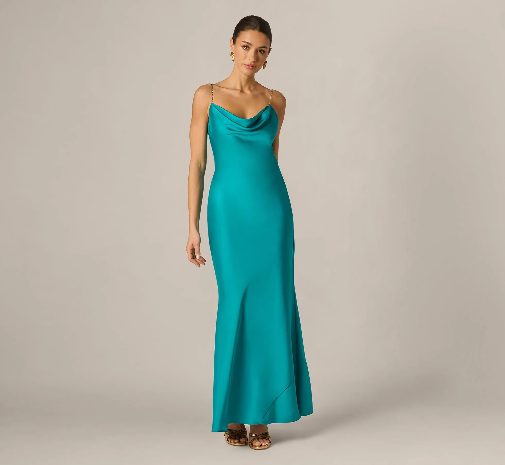 Stretch Satin Cross Back Cowl Neck Gown In Turquoise sold by Adrianna Papell product image thumbnail 2
