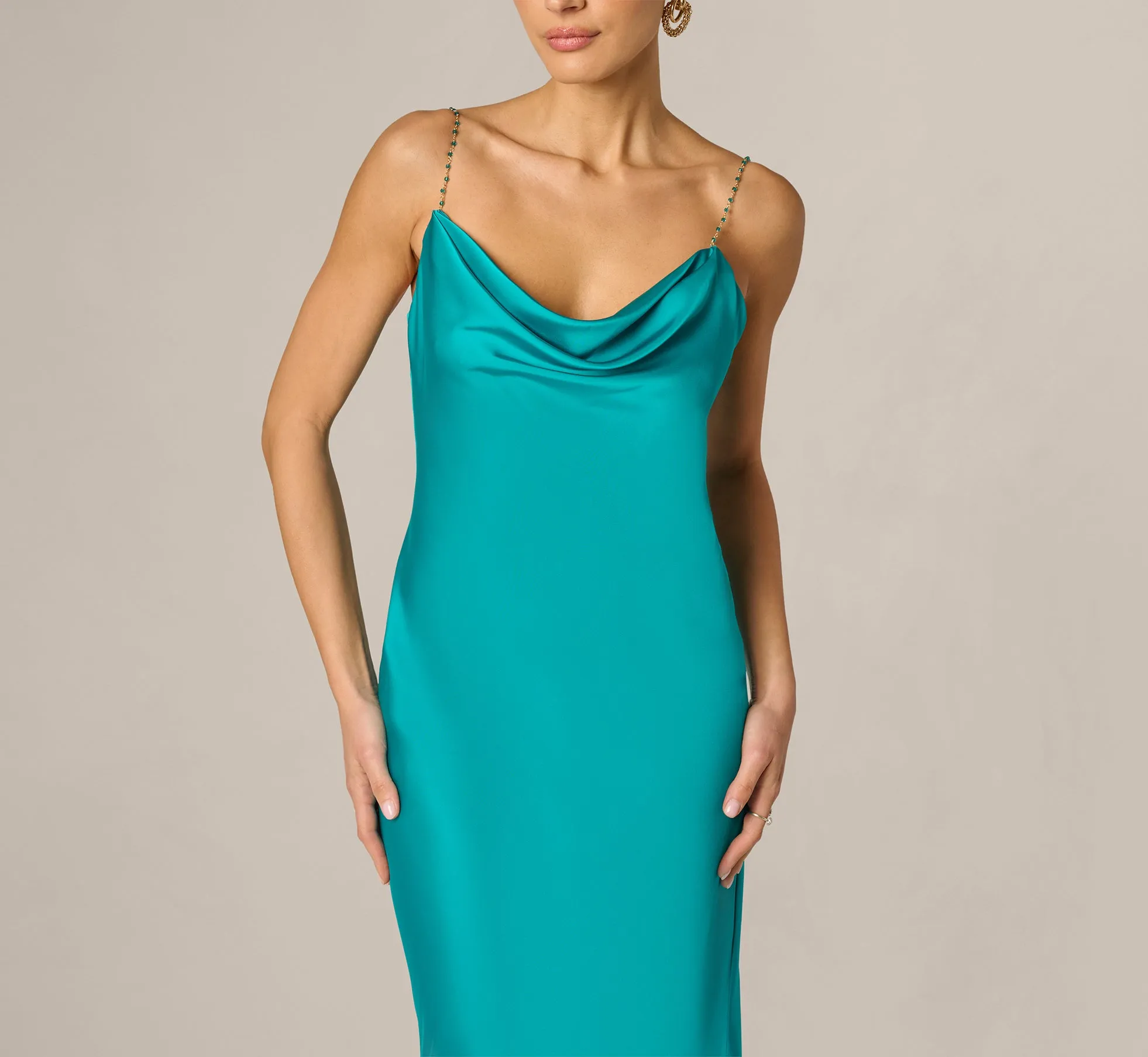 Stretch Satin Cross Back Cowl Neck Gown In Turquoise sold by Adrianna Papell product image thumbnail 3