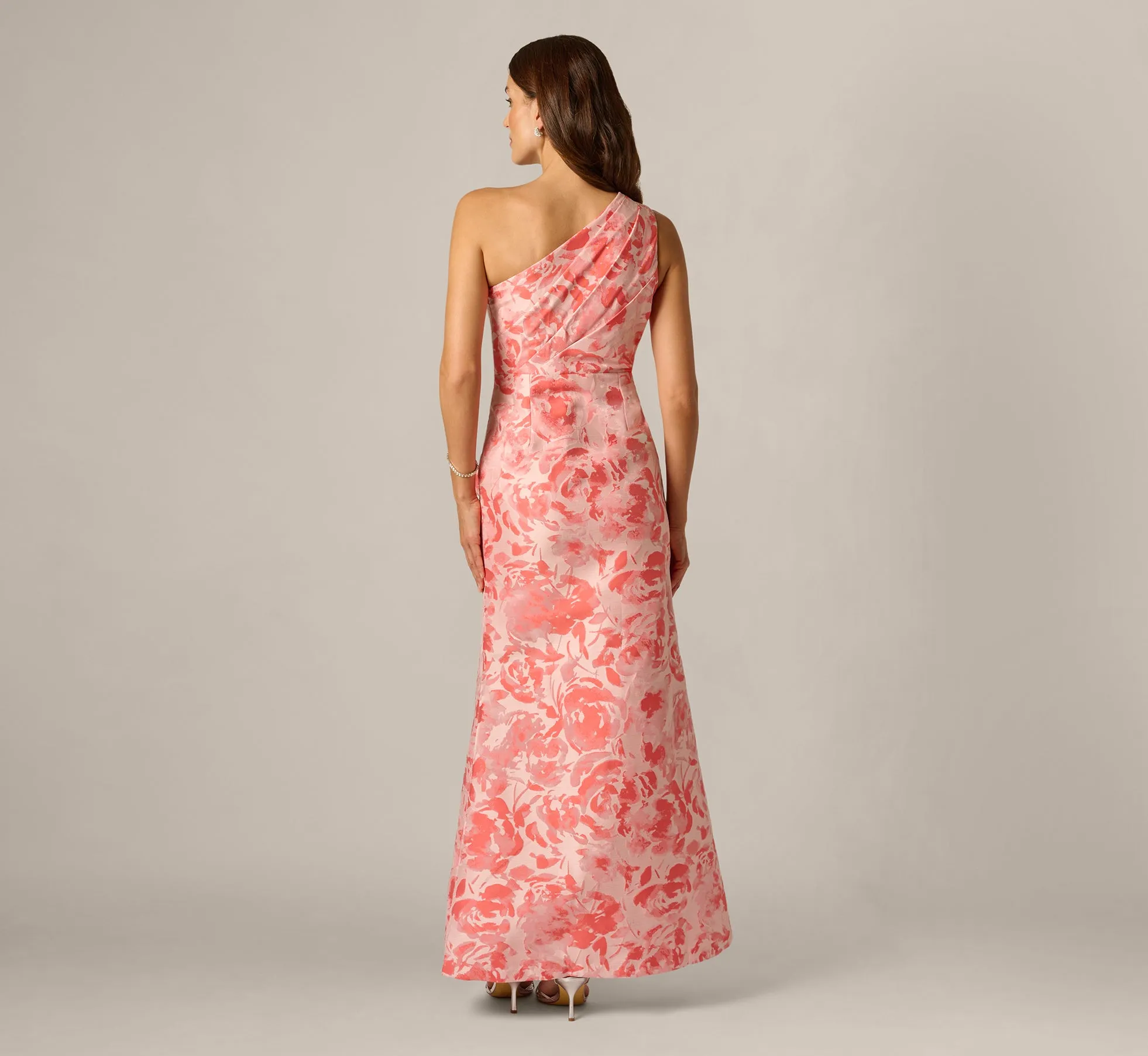 One Shoulder Floral Jacquard Draped Gown In Coral Multi sold by Adrianna Papell product image thumbnail 5