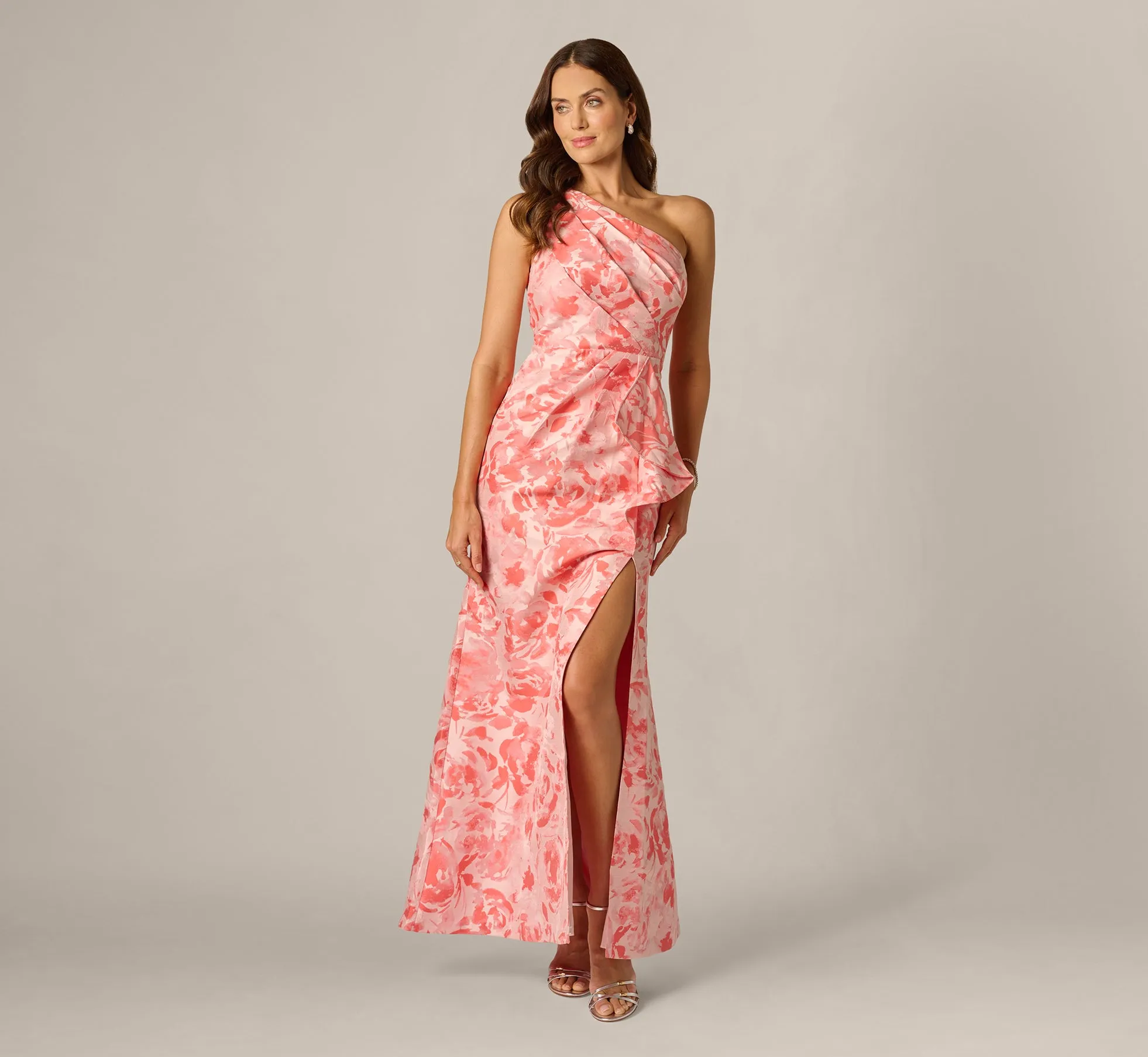 One Shoulder Floral Jacquard Draped Gown In Coral Multi sold by Adrianna Papell product image thumbnail 2