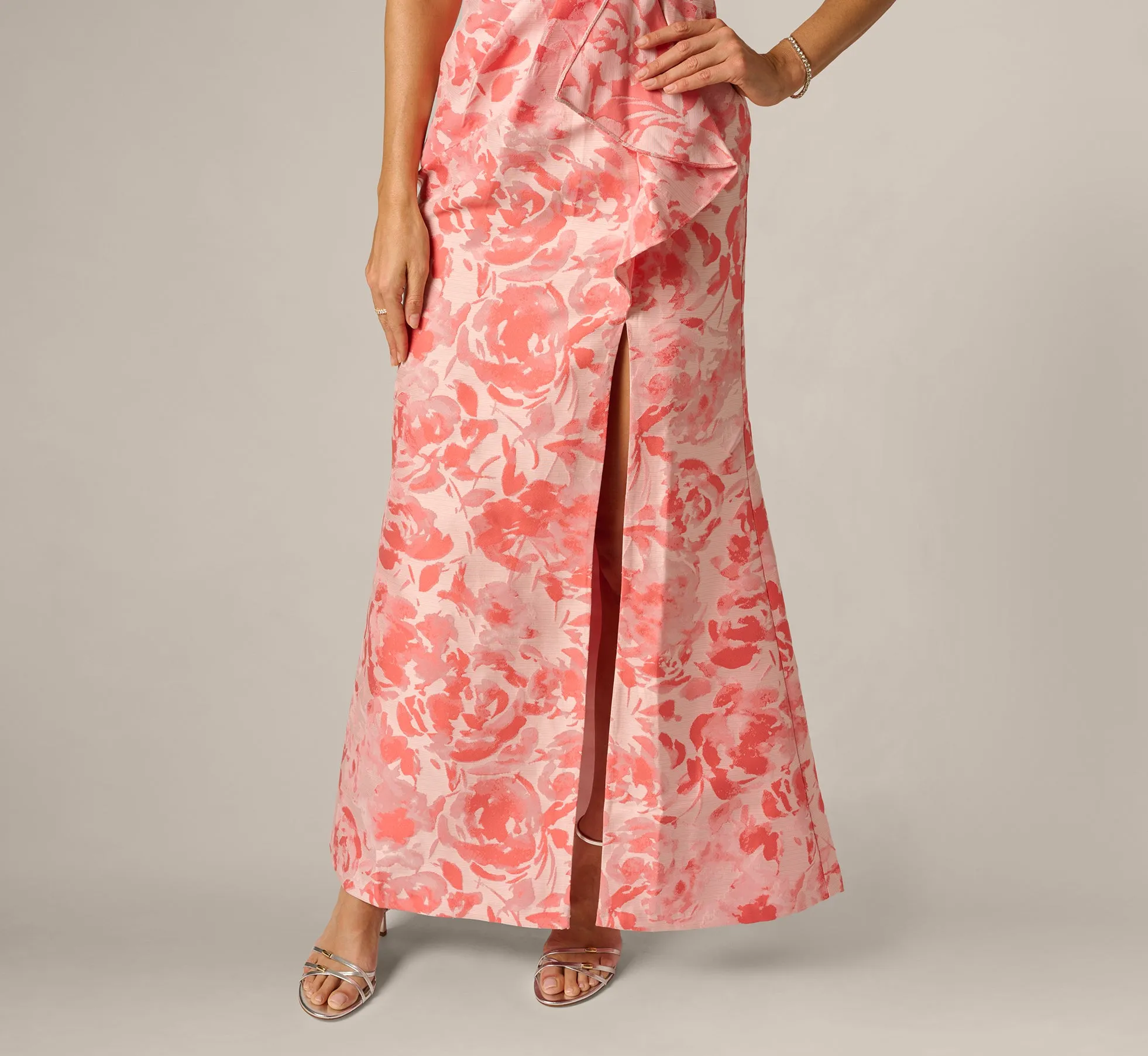 One Shoulder Floral Jacquard Draped Gown In Coral Multi sold by Adrianna Papell product image thumbnail 4