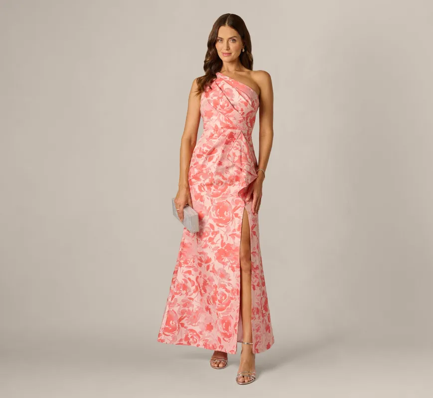 One Shoulder Floral Jacquard Draped Gown In Coral Multi sold by Adrianna Papell