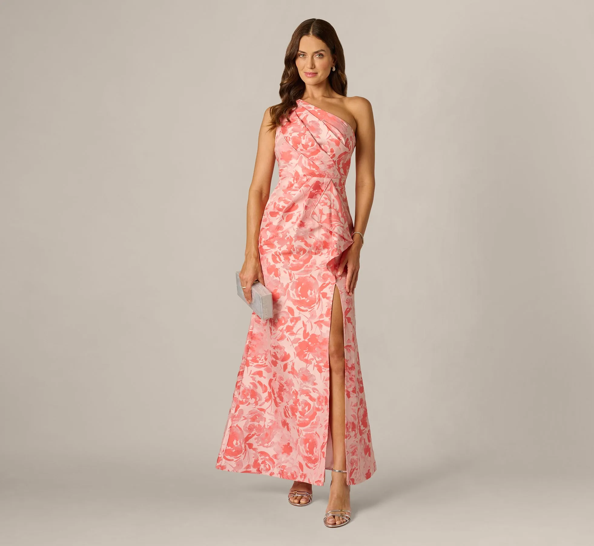 One Shoulder Floral Jacquard Draped Gown In Coral Multi sold by Adrianna Papell