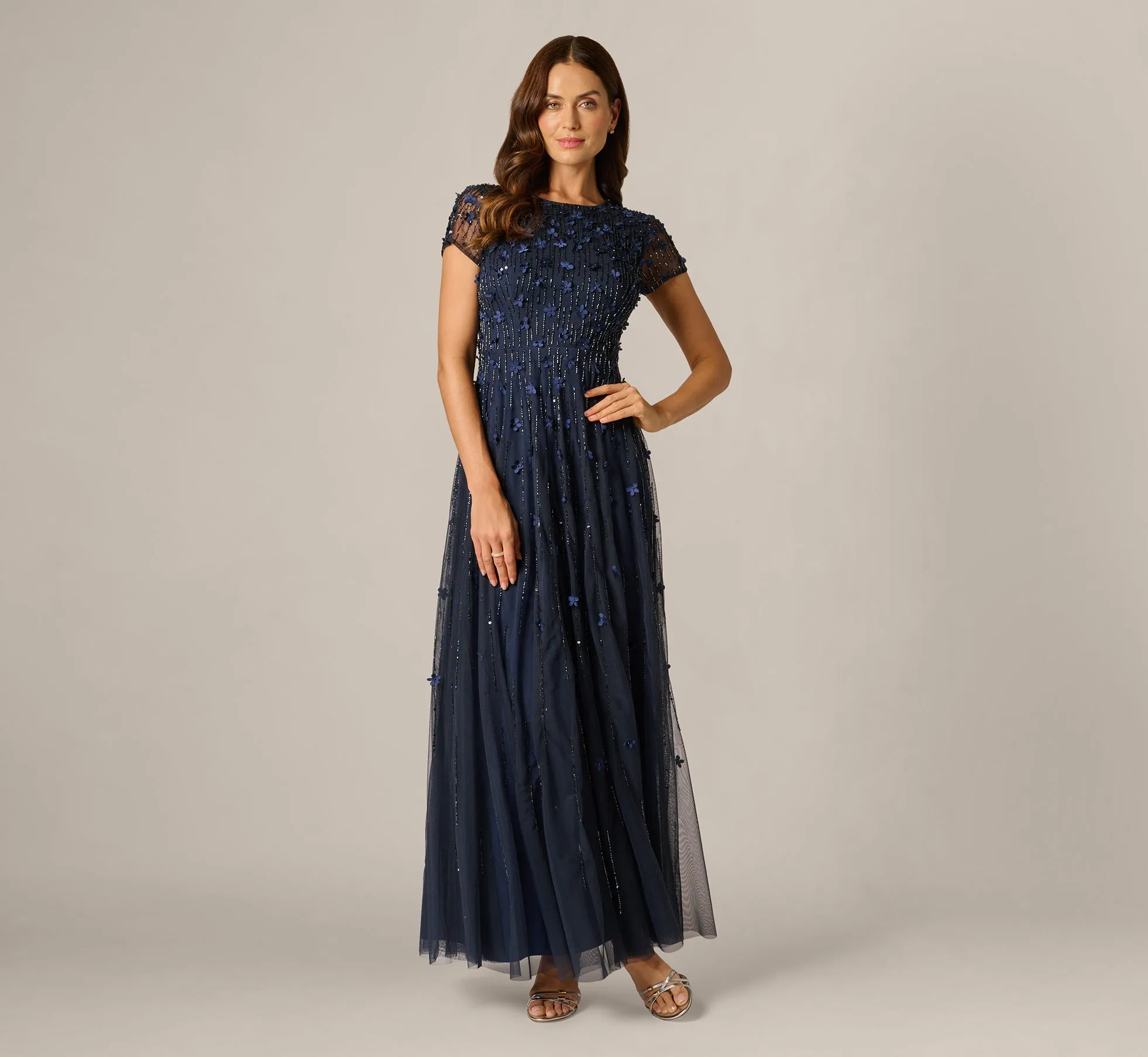 Short Sleeve Linear 3D Floral Beaded Gown In Navy sold by Adrianna Papell product image thumbnail 2