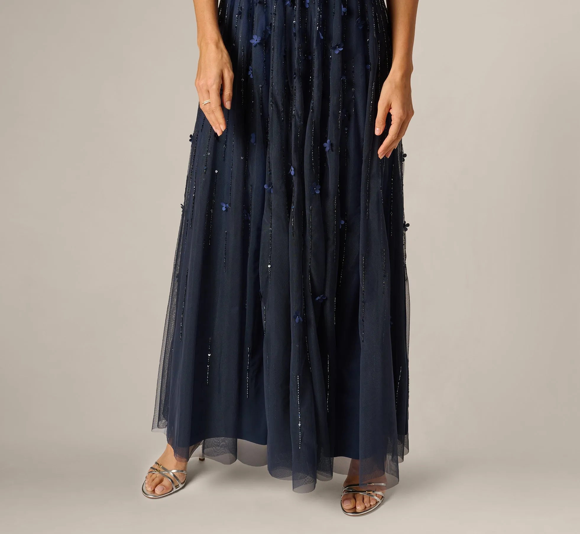 Short Sleeve Linear 3D Floral Beaded Gown In Navy sold by Adrianna Papell product image thumbnail 4
