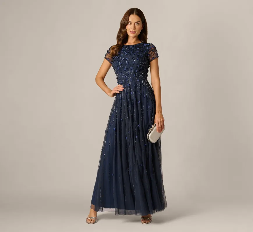 Short Sleeve Linear 3D Floral Beaded Gown In Navy sold by Adrianna Papell