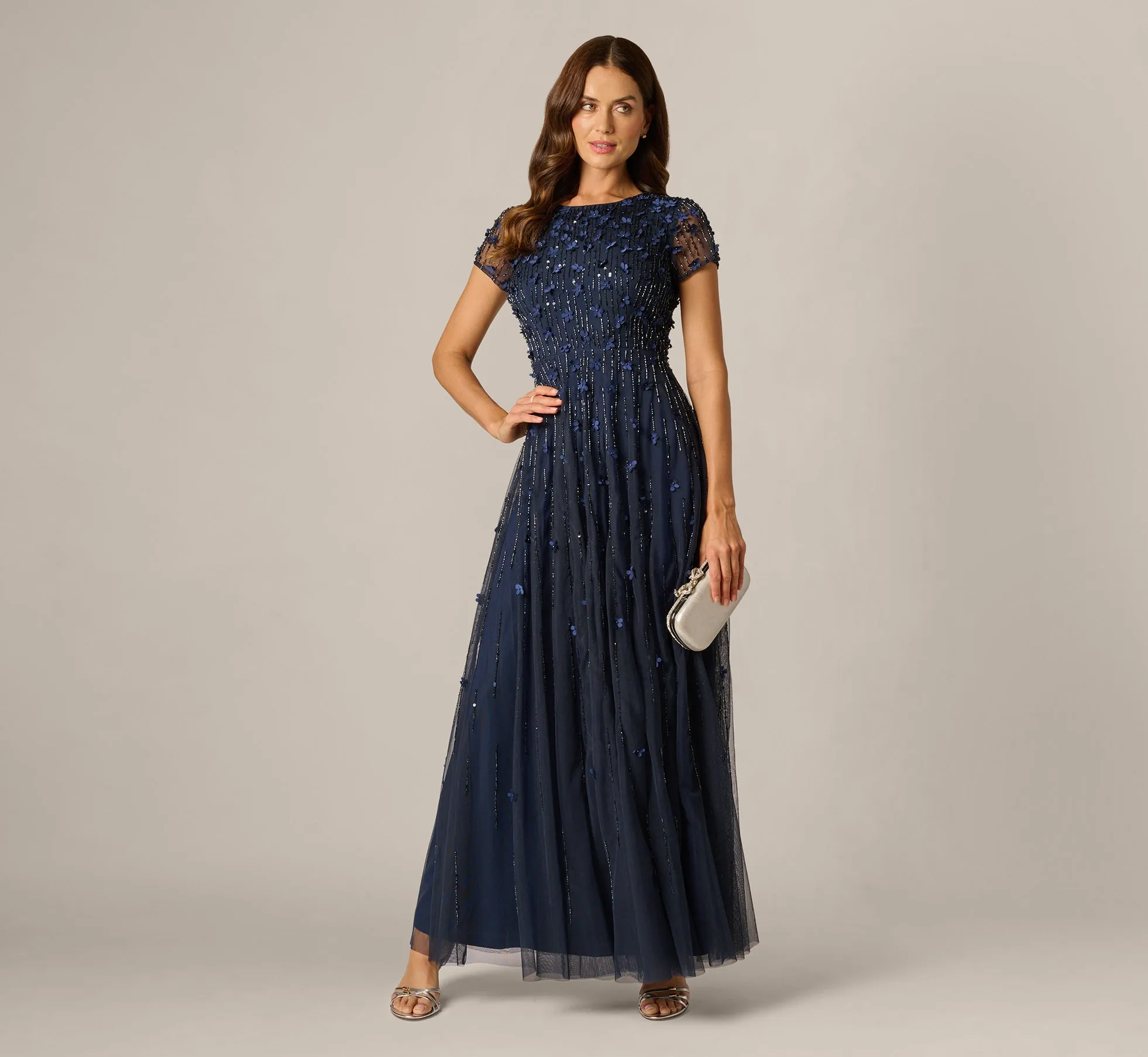 Short Sleeve Linear 3D Floral Beaded Gown In Navy sold by Adrianna Papell