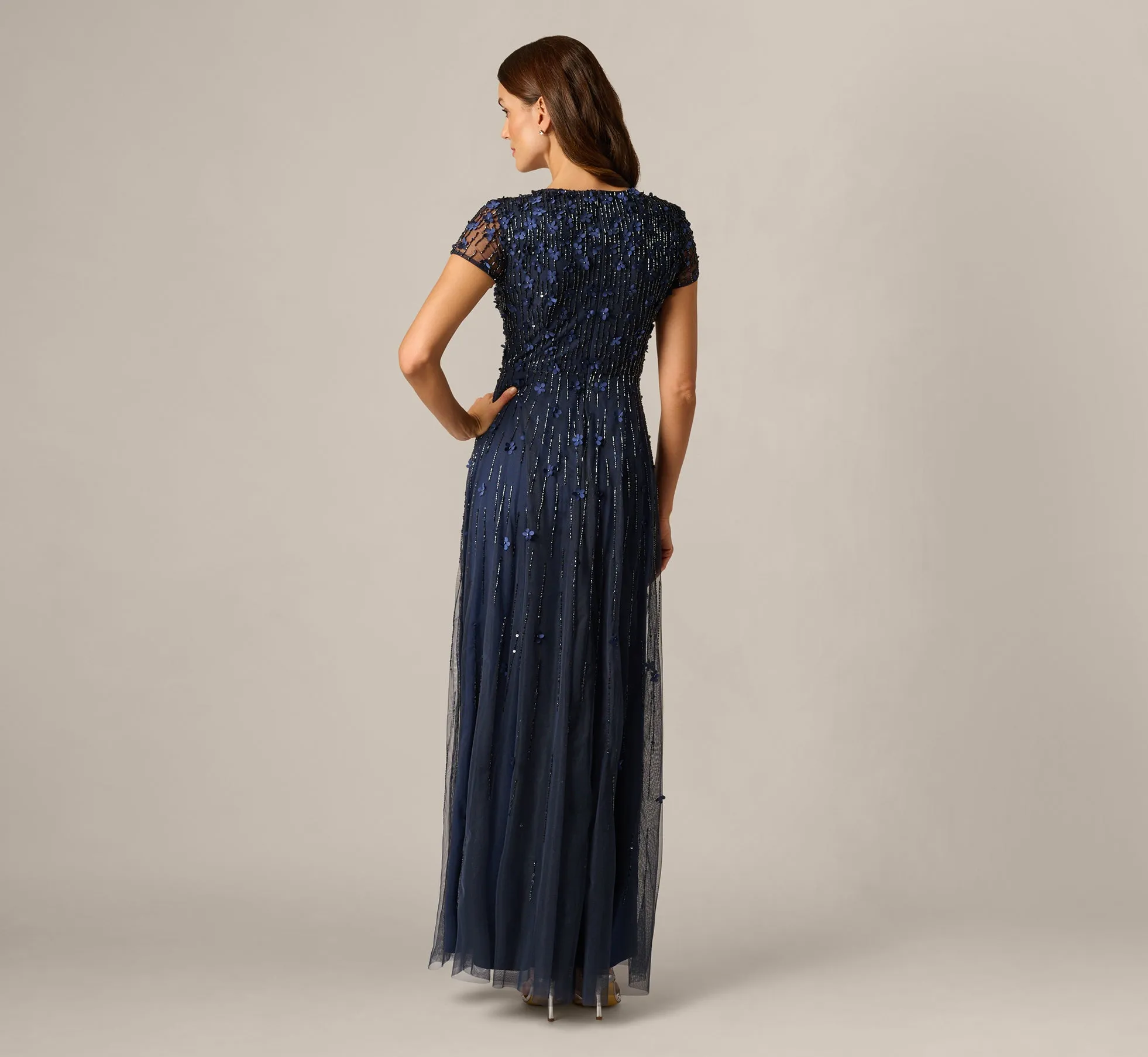 Short Sleeve Linear 3D Floral Beaded Gown In Navy sold by Adrianna Papell product image thumbnail 5